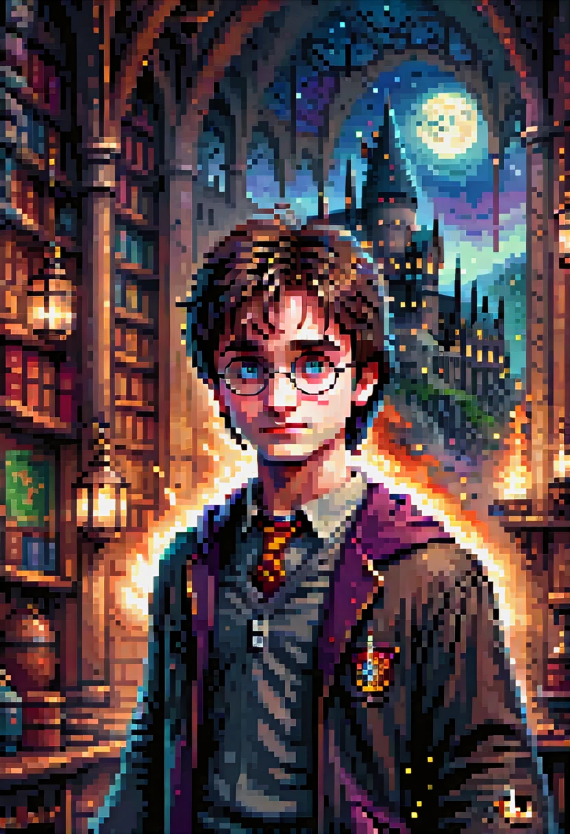 pixel art, "Harry Potter", fantasy, (best quality, masterpiece, Representative work, official art, Professional, high details, Ultra intricate detailed:1.3)