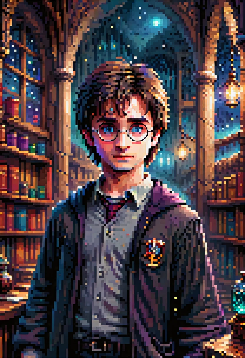 pixel art, "Harry Potter", fantasy, (best quality, masterpiece, Representative work, official art, Professional, high details, Ultra intricate detailed:1.3)