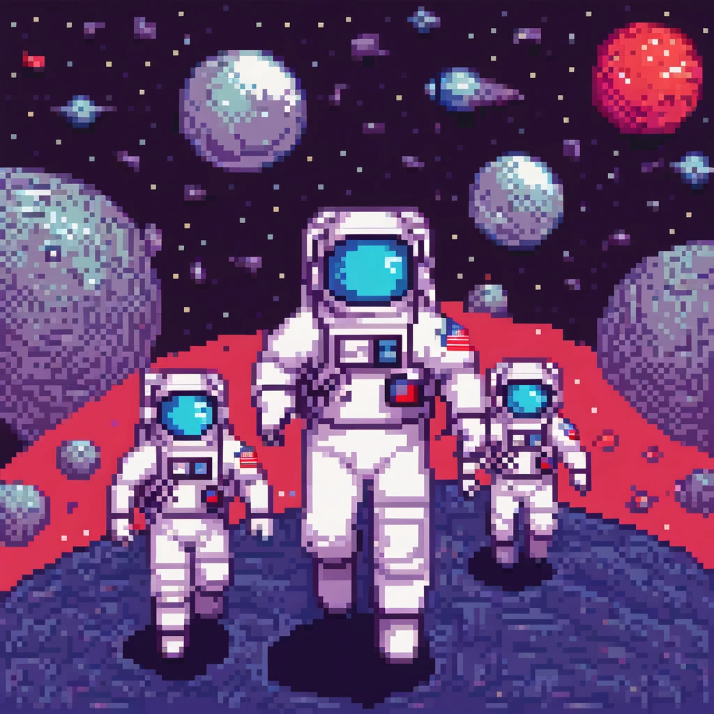 Pixel Art, Pixelated 1980s-style astronauts float above Earth in vibrant neon space with distant stars, detailed helmets, and white suits with red and blue accents, waving at each other. HD 2D Pixel Art :: Pixel style :: Pixels