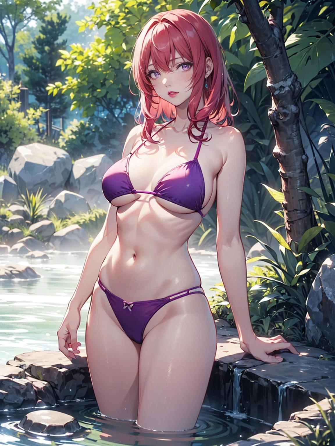 ((solo, 1woman, TakashiroHiroko, dark purple eyes, red hair, pink lipstick, Extremely detailed, ambient soft lighting, 4k, perfect eyes, a perfect face, perfect lighting, a 1girl)), ((solo, (1woman, pink lipstick), Extremely detailed, ambient soft lighting, 4k, perfect eyes, a perfect face, perfect lighting, a 1girl)), austere, Shizue, grabbing her chest, showing her chest, ((Deep purple eyes)), ((pink bikini, shapely body)), spa, athletic body, body of equal proportions, ((lipstick)), front view, flushed cheeks, hot spring, outdoors, trees, rocks, outdoor hot spring, relaxing in a hot spring, towel
