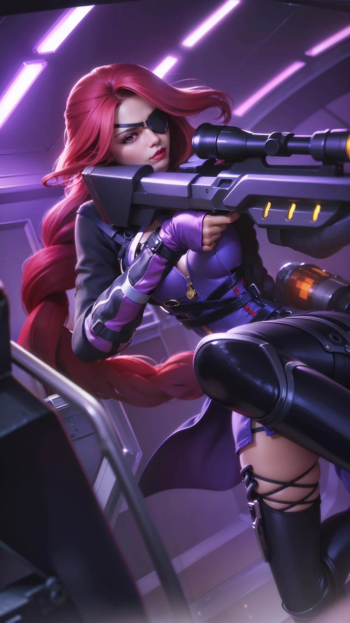 a close up of a woman with a gun in her hand, red long hair, red lips glossy, 8k, ultra hd, ultra detailed texture, hyper realistic, masterpiece, detailed texture, detailed face, detailed skin, detailed lighting, (photorealistic:1.5), best quality, beautiful lighting, cinematic lighting, professional lighting, ultra highres, realistic, detailed hair, real hair, high quality, (realskin:1.5), extremely detailed, finely detail, ultra-detailed, braids, eye patch, left eyepatch,