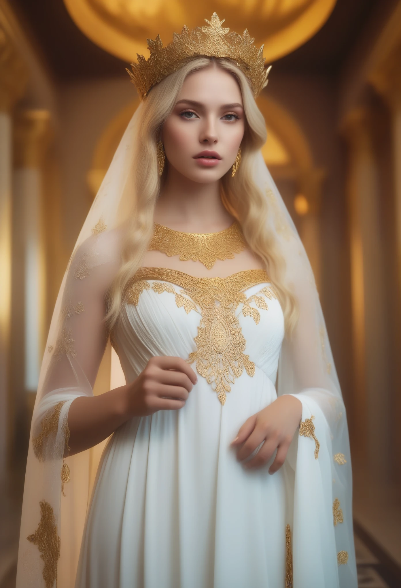 Film scene of ancient Greek goddess in a white dress with blond hair, beautiful girl, many details, white dress with gold patterns a beautiful white dress with many golden details, a veil, a crown, a magic wand in the hands of a fairy queen movie scene of a blockbuster about the gods, Olympus admiration, joy, goodness Lovely, Natural lighting, Photography style of David LaChapelle, fantasy Wide angle full body shot, Aesthetic, analog, f1. 2, 35mm, color photo, volumetric light, shallow depth of field, soft glow, intricate details, 8k, sharp, very realistic, rule of thirds,