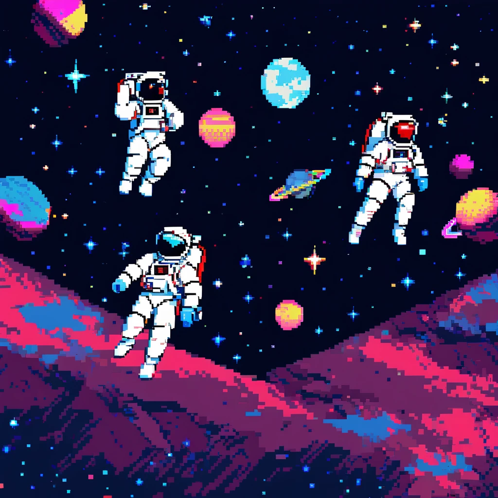 Pixel Art, Pixelated 1980s-style astronauts float above Earth in vibrant neon space with distant stars, detailed helmets, and white suits with red and blue accents, waving at each other. HD 2D Pixel Art :: Pixel style :: Pixels