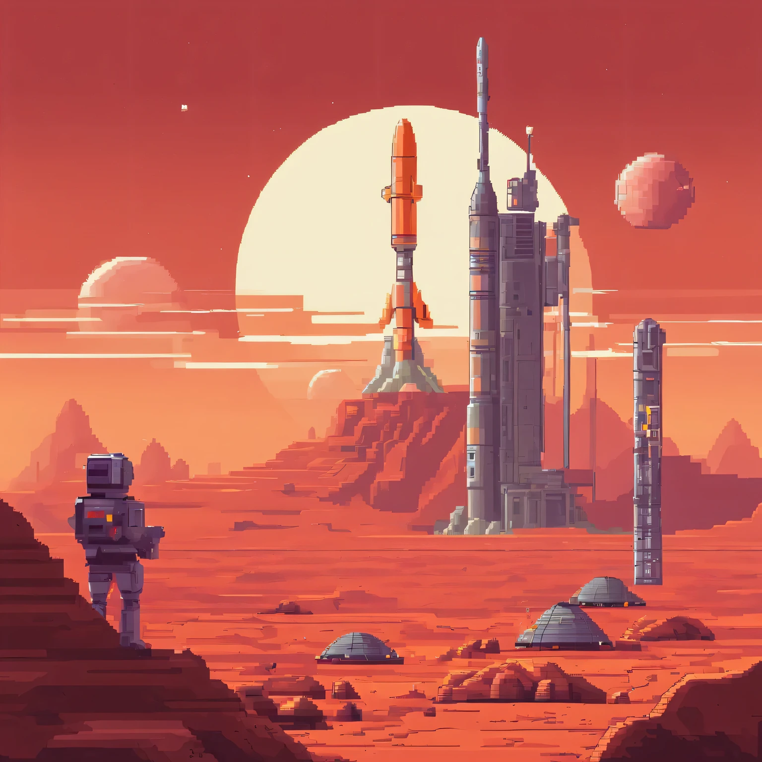 Pixel art style: Mars base, dusty red landscape, Future technology low poly building, Rough terrain, Solar panels, oxygen dome, Rocket launch pad, orange tint.