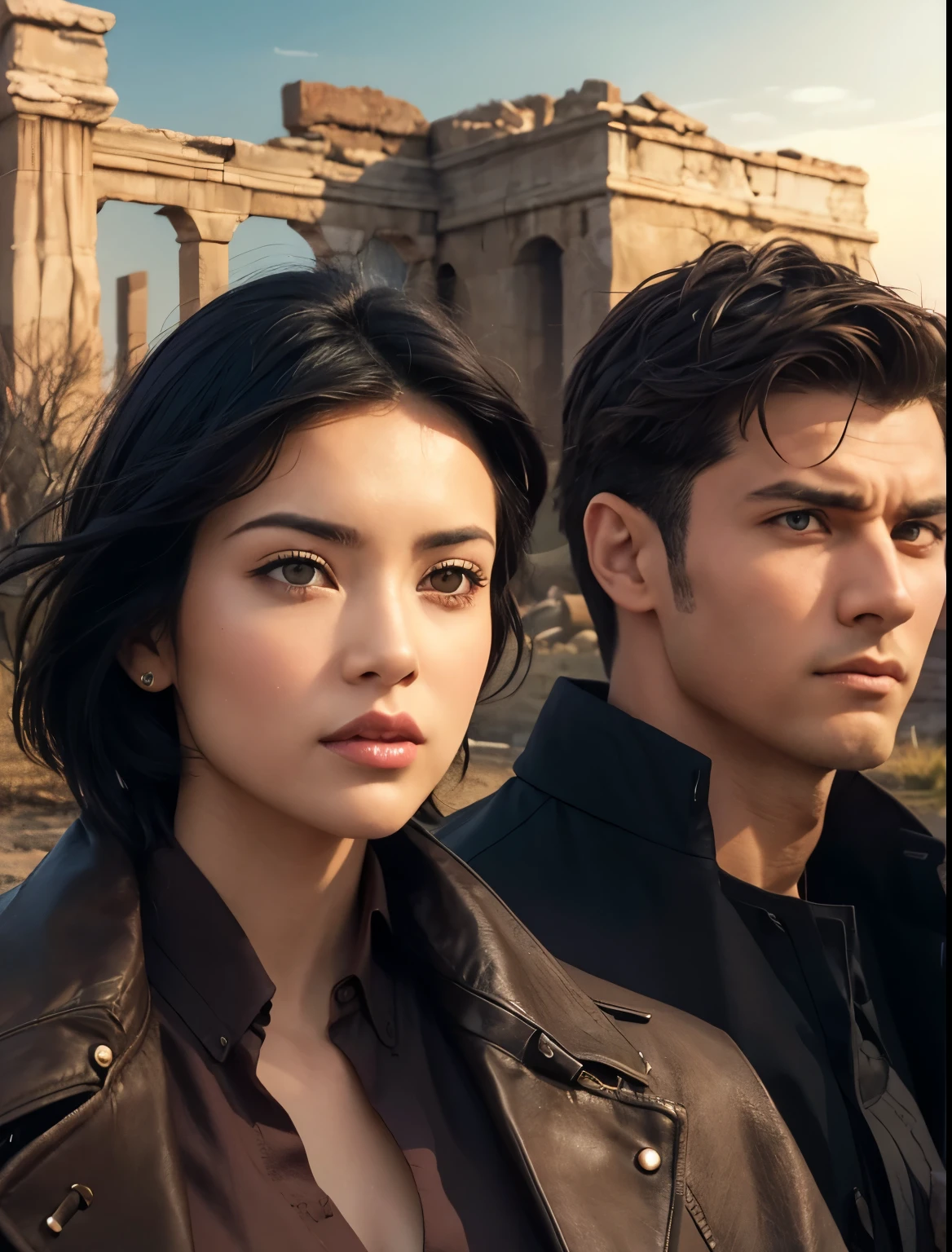 A handsome man and a beautiful woman. Late twenties. He is looking at the camera with a serious expression. The man has short black hair. The woman has dark brown hair. Both are wearing jackets. The ruins of a super ancient civilization exist in the background of the two of them.