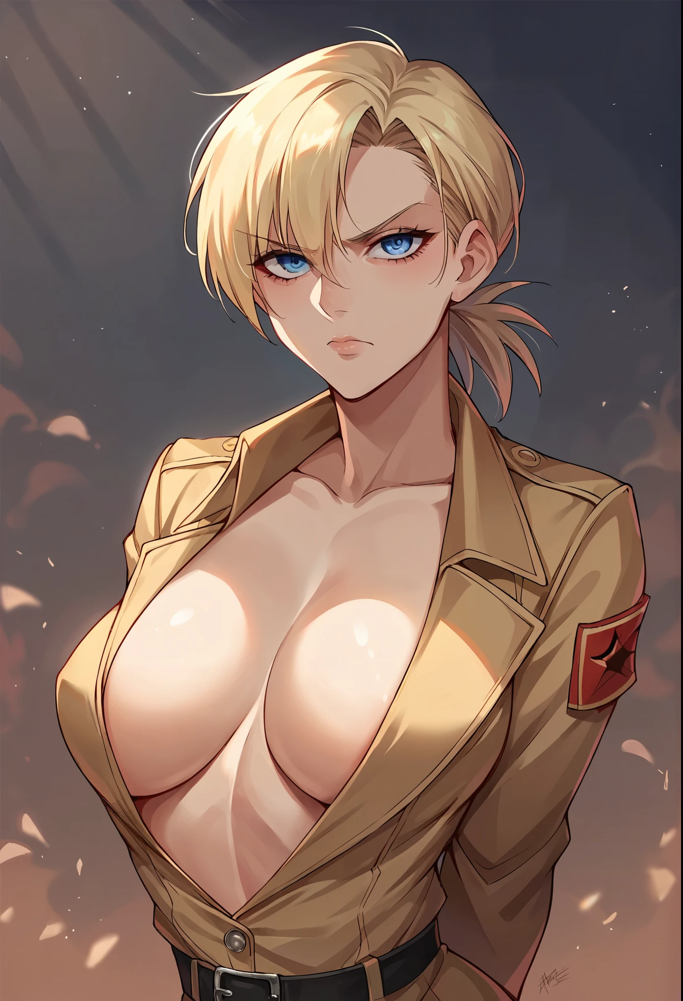 score_9, score_8_up, score_7_up, source_anime, 1girl, solo, boob window, detective duit, detective clothing, crime scene, beige detective suit, no bra, big tits, standing,   hellsing, seras victoria, front view, looking at viewer, suspicious gaze, arms behind back, blue Eyes