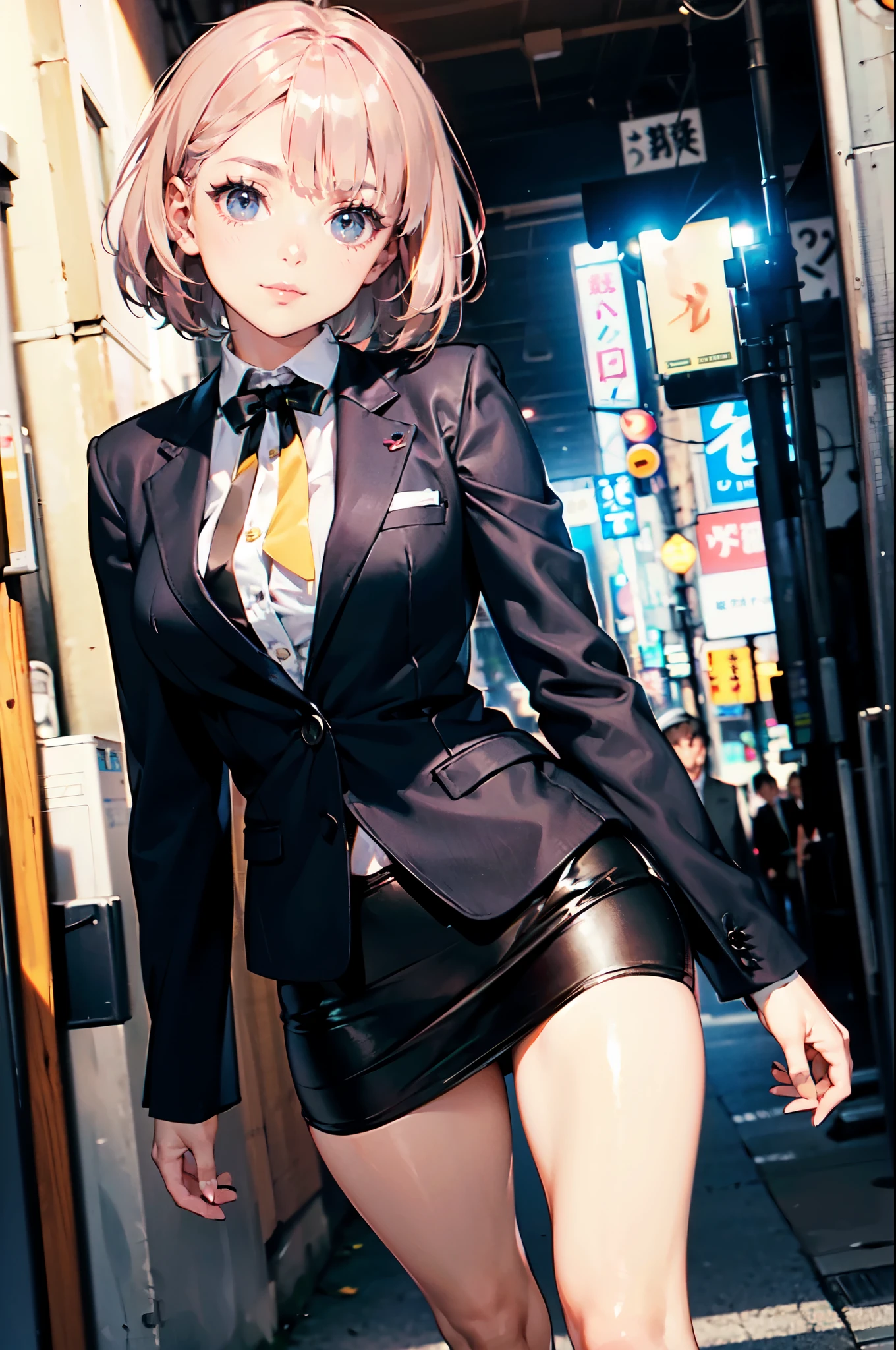 ((Perfect Anatomy:1.2,masterpiece、top-quality、The ultra -The high-definition、hight resolution、extremely details CG、8K)),cowboy shot,1woman,solo,20-year-old, Japanese beauty,Beautiful detailed face and eyes,big gorgeous eyes,gray eyes,(pink hair,short bob hair,bangs), slender body, skinny、medium breasts, gleaming skin,oily skin, (black tight mini skirt:1.3,black blazer jacket、white shirt、black tie), standing,bustling street、Tokyo、