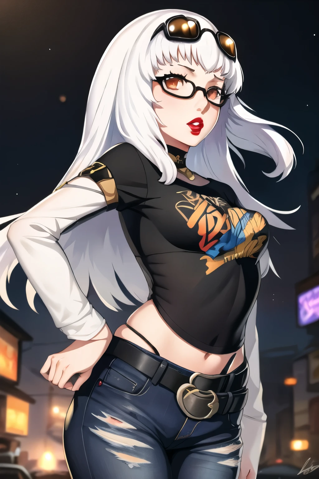 Lysitheawar, white hair, 1girl, solo, standing, black t-shirt, white shirt, jeans, belt, lipstick, eyewear on head,
