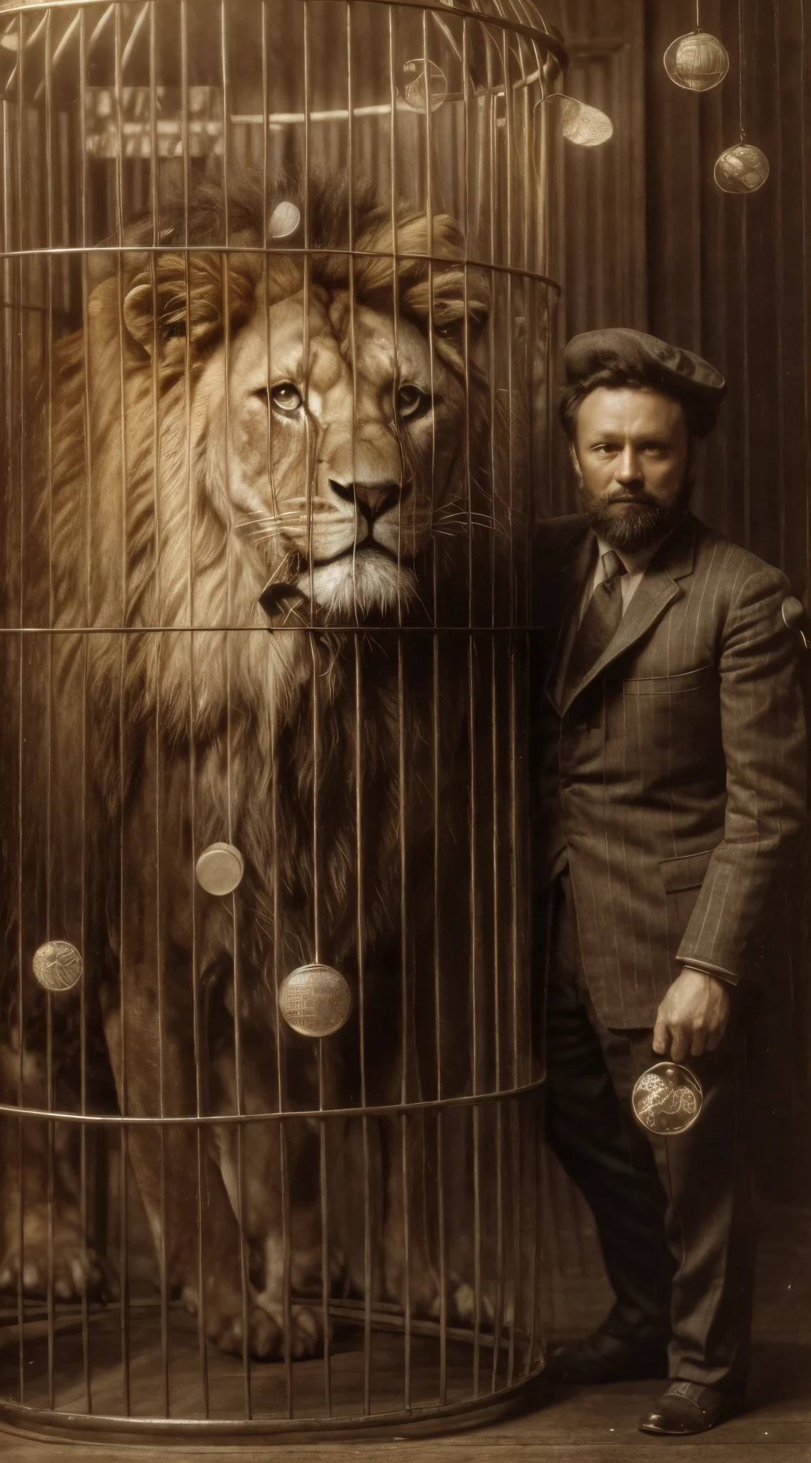 arafed man standing next to a lion in a cage, houdini & photoshop, ernst haeckel and artgerm, the man riding is on the lion, colorized 1 9 0 4 photo, beeple and alphonse mucha, lionardo davinchi, edouard caplain, gakkin and ernst haeckel