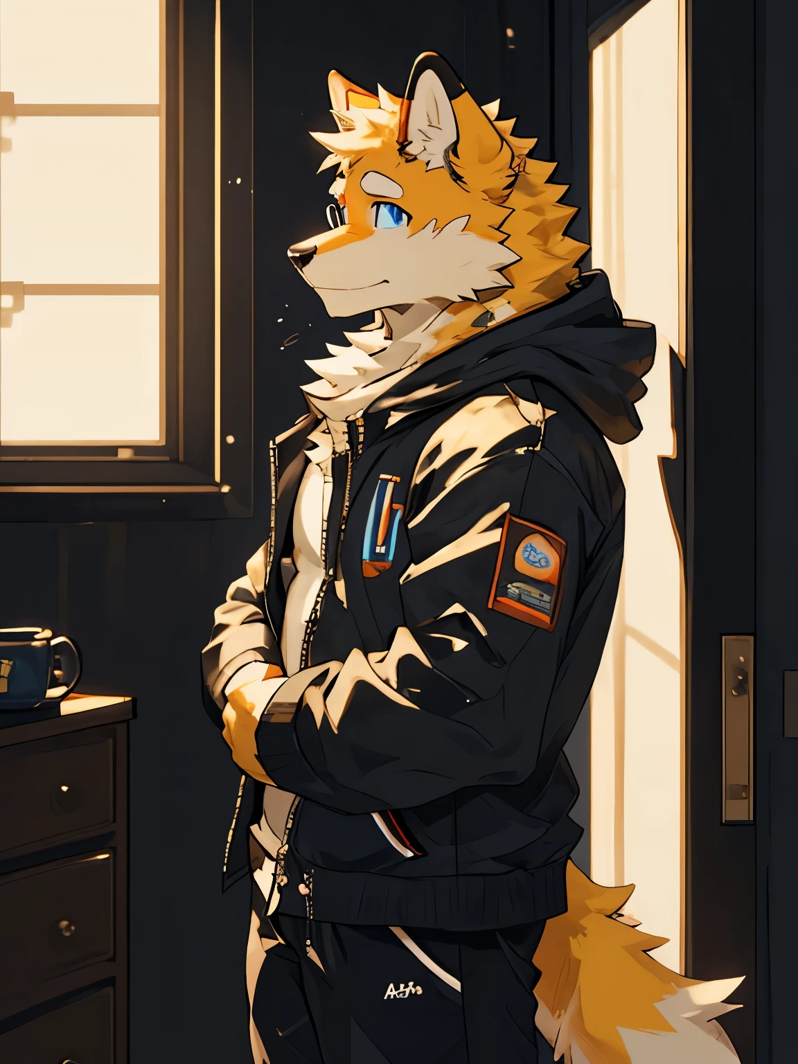 (best quality, highres), fluffy, Chinese rural dog furry, yellow and white fur, wearing glasses, wearing a hoodie, blue eyes, shy expression, single character, adult body type, ghostly translucent, standing in a bedroom, only yellow and white fur (no black fur).