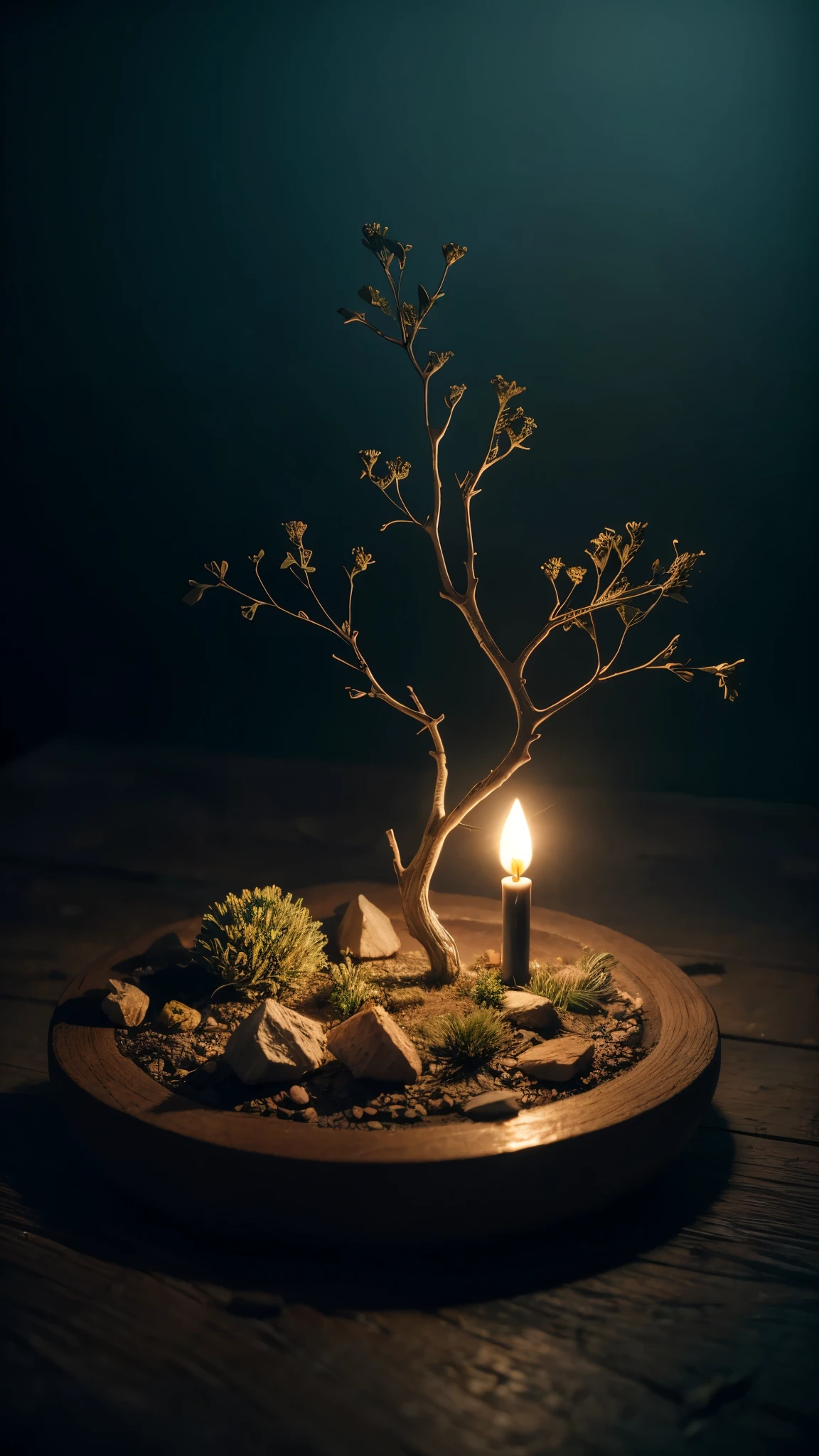 Magic tree miniature scene, with delicate branches and illuminated fruits, Illuminated by candle-miniatures, isometric style, Ultra-realistic. The highest resolution captures every detail of the tree. Atmospheric light refraction，Photo by Lee Jeffries，Nikon D850 Film Stock Photo 4 Kodak Portra 400 Camera F1.6 shots，rich colours，hyper realistic lifelike texture，dramatic lighting，unreal engine trending on artstation cinestill 800