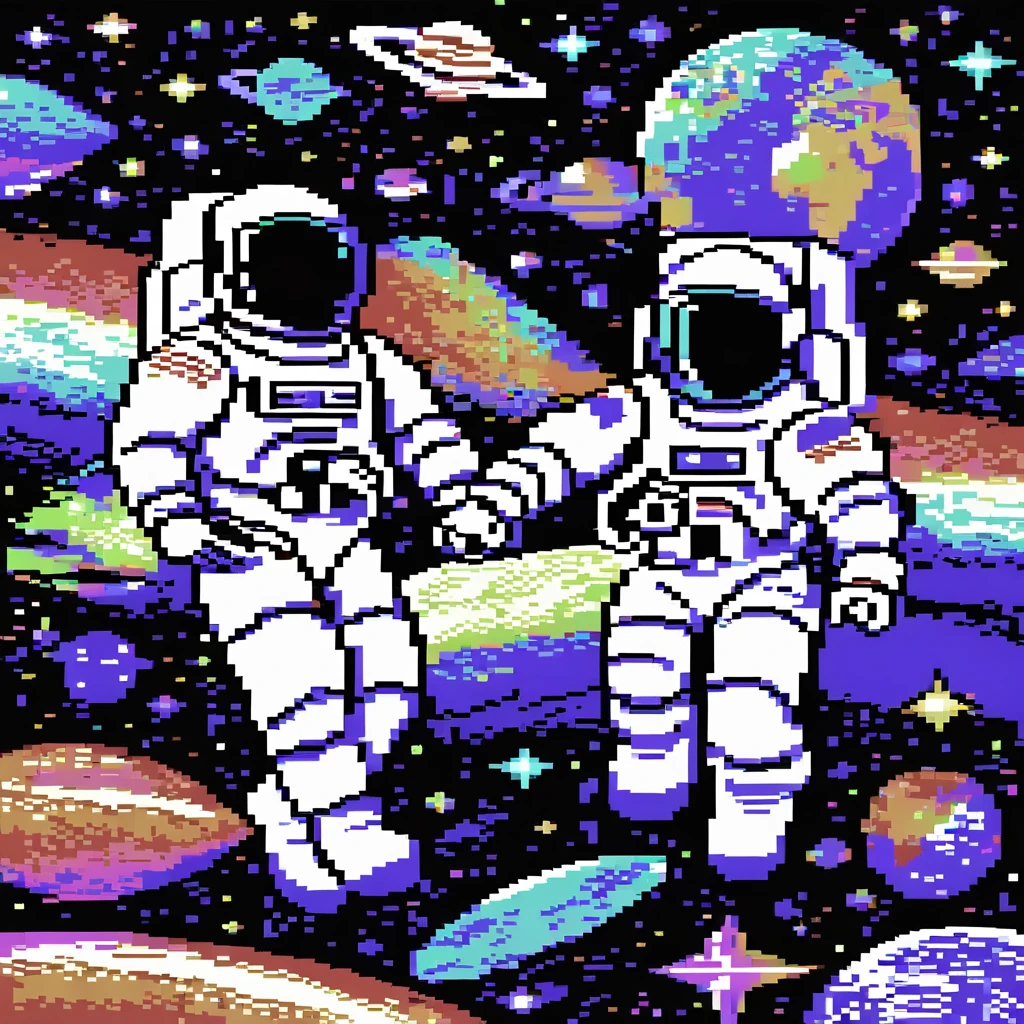 Pixel Art, Pixelated 1980s-style astronauts float above Earth in vibrant neon space with distant stars, detailed helmets, and white suits with red and blue accents, waving at each other. HD 2D Pixel Art :: Pixel style :: Pixels