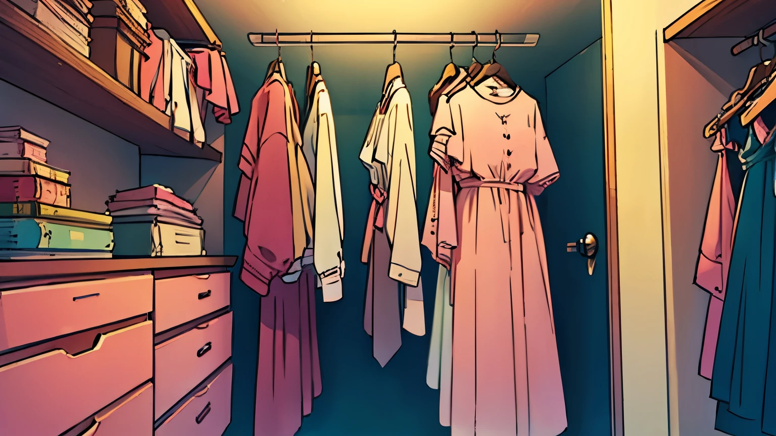 Royal walk in closet with ball gowns and crowns and heels and bags.