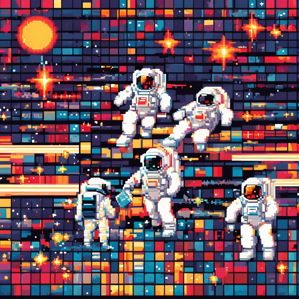 Pixel Art, Pixelated 1980s-style astronauts float above Earth in vibrant neon space with distant stars, detailed helmets, and white suits with red and blue accents, waving at each other. HD 2D Pixel Art :: Pixel style :: Pixels