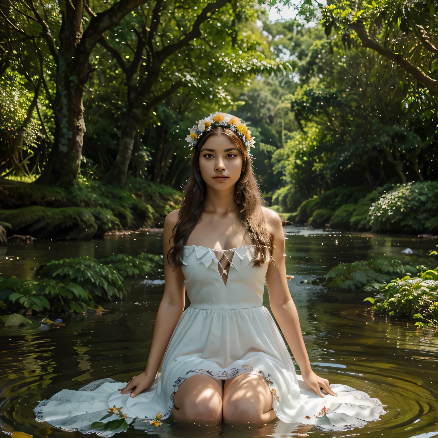 uma jovem com vestido florido, garland on head, sentada num trono de veludo, leafy trees and a field of cearas, A river of crystal clear waters, high resolution, ultra detalhado, aesthetics, obra de arte, Melhor qualidade, fotorrealista