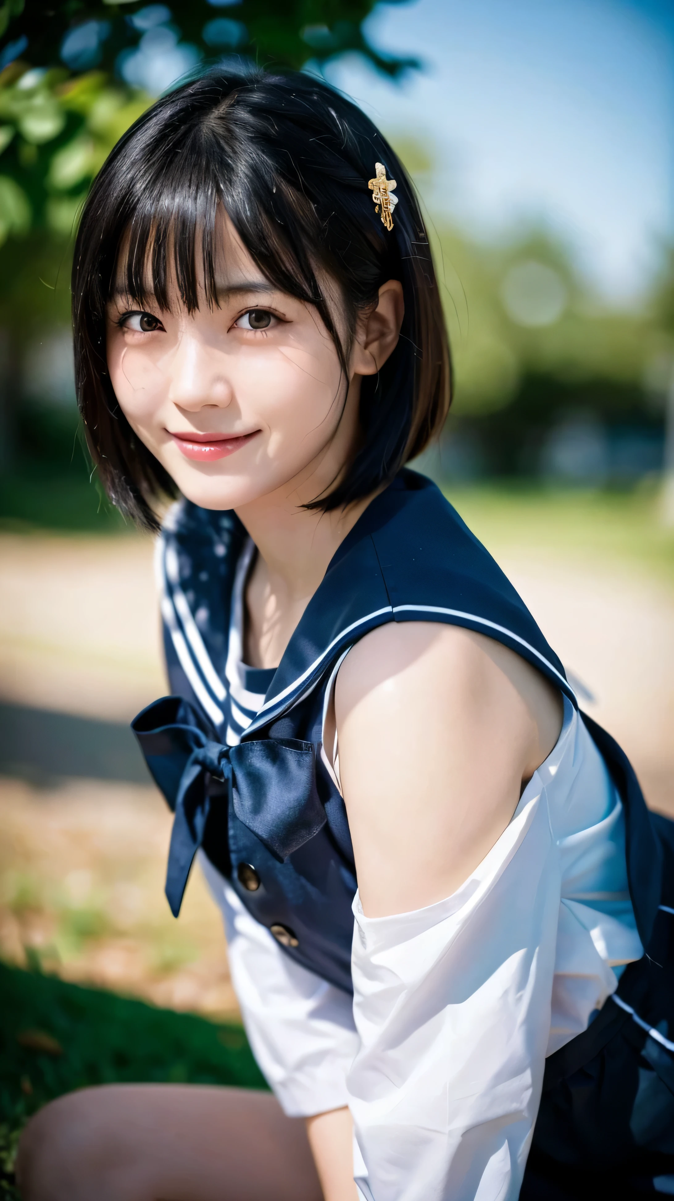 (highest quality,masterpiece:1.3,ultra high resolution),(Super detailed,caustics,16k),(realistic:1.4,RAW shooting),ultra-realistic capture,close up of human skin,natural skin texture,Pores are small and easily noticeable,healthy skin and even tone,Use natural light and color,18-year-old,Japanese,cute,black short hair,Looking at camera with a smile,(sailor suit),forward leaning posture,Photographed from the waist up,(face focus:1.3),(close up of face:1.3),(low position:1.3),(Low - Angle:1.4),sun,Lens flare,blue sky,