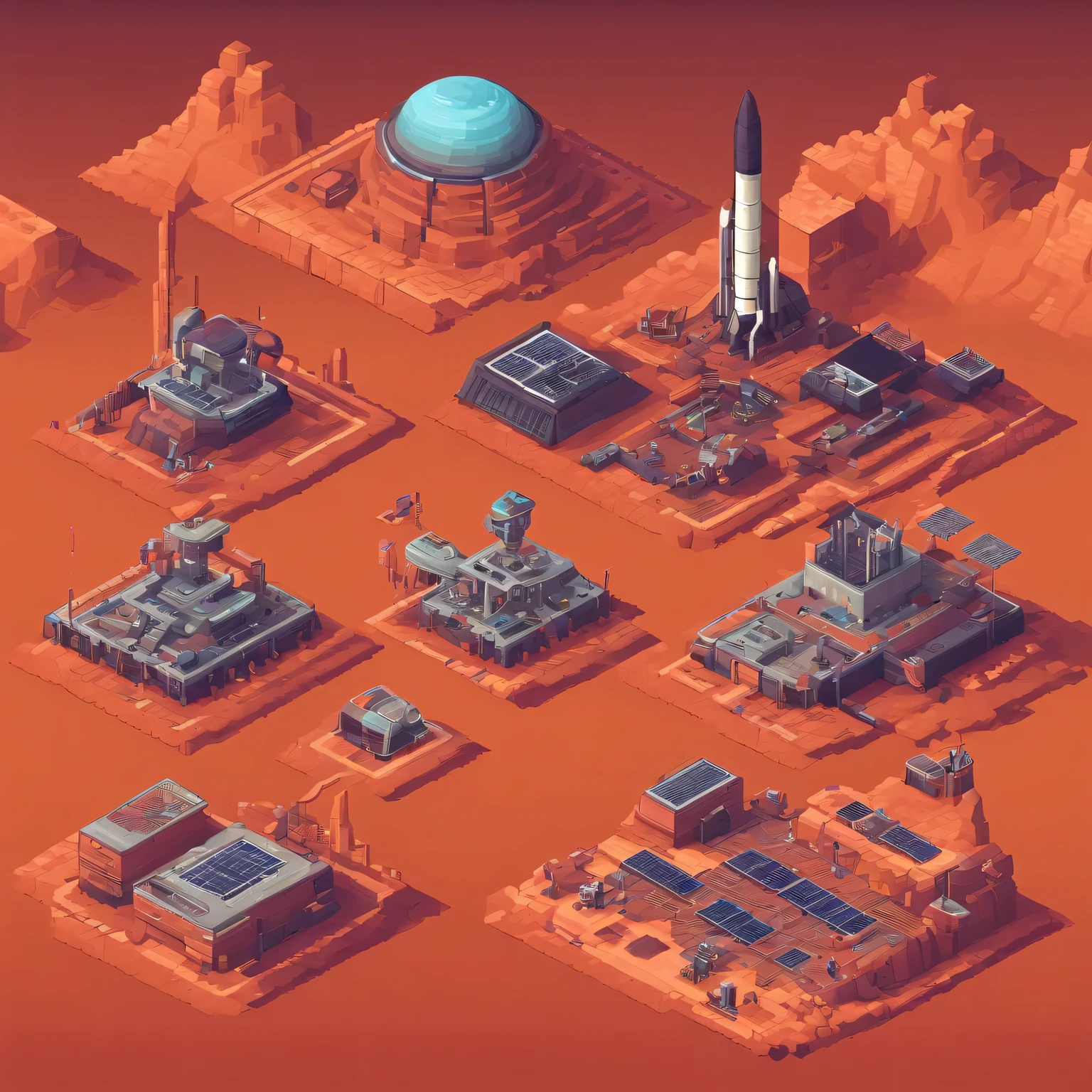 Pixel art style: Mars base, dusty red landscape, Future technology low poly building, Rough terrain, Solar panels, oxygen dome, Rocket launch pad, orange tint.