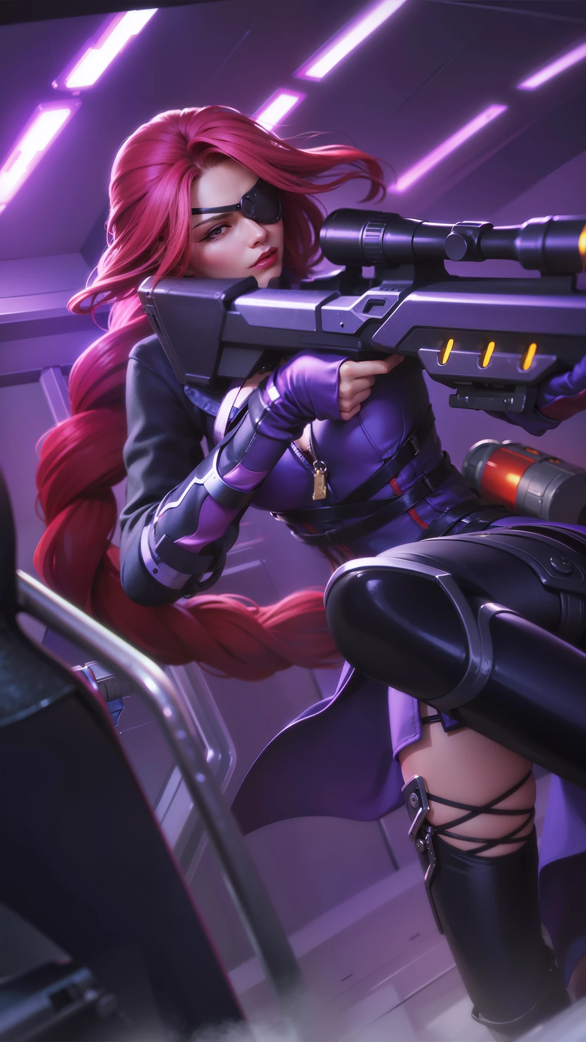 a close up of a woman with a gun in her hand, red long hair, red lips glossy, 8k, ultra hd, ultra detailed texture, hyper realistic, masterpiece, detailed texture, detailed face, detailed skin, detailed lighting, (photorealistic:1.5), best quality, beautiful lighting, cinematic lighting, professional lighting, ultra highres, realistic, detailed hair, real hair, high quality, (realskin:1.5), extremely detailed, finely detail, ultra-detailed, braids, eye patch, left eyepatch,