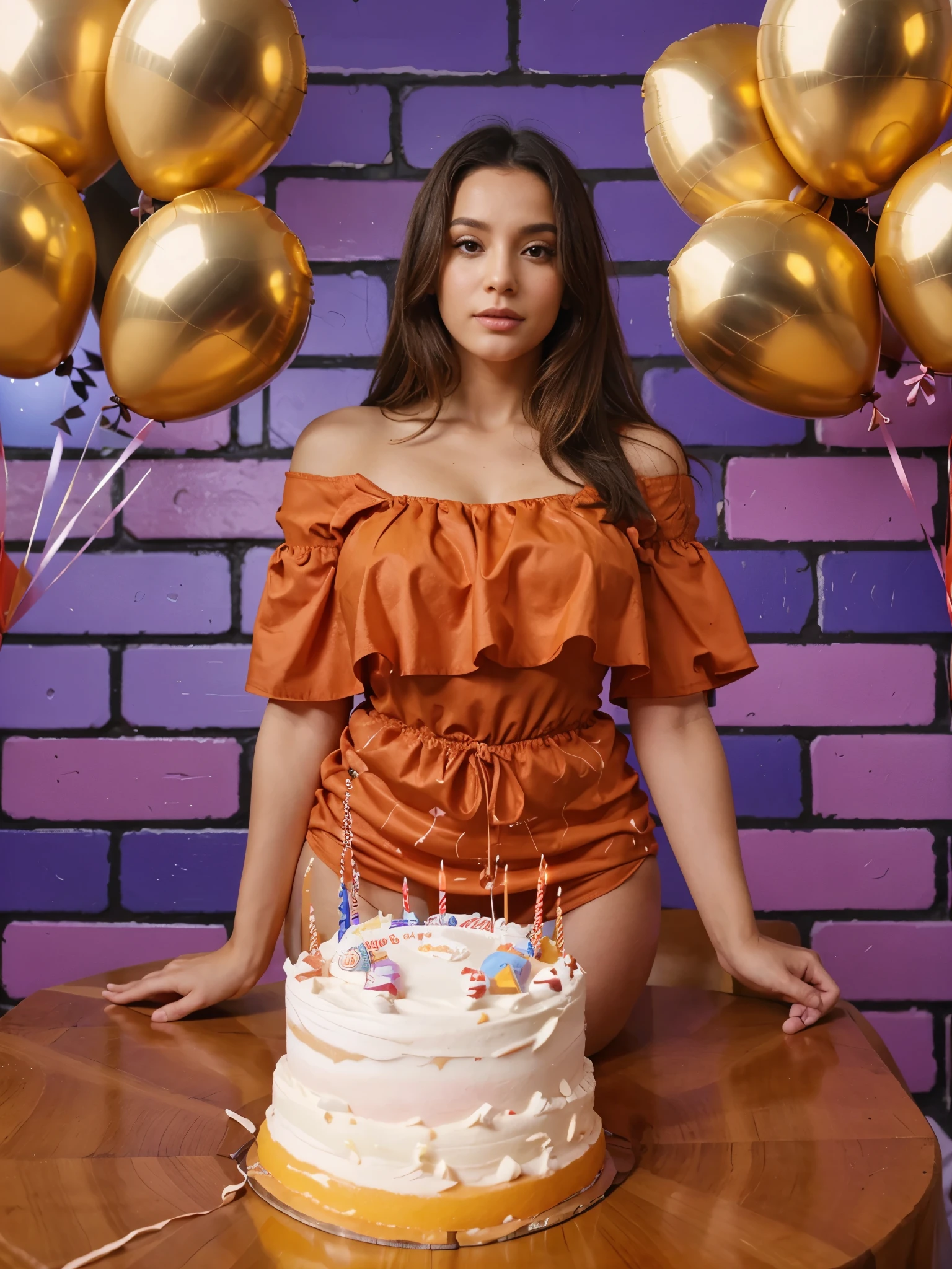 Uma Mulher linda, birthday, background with balloons, bolo de birthday, sexy, extremamente realista, usando vestido laranja, bunda grande, pernas grossas, fitness
