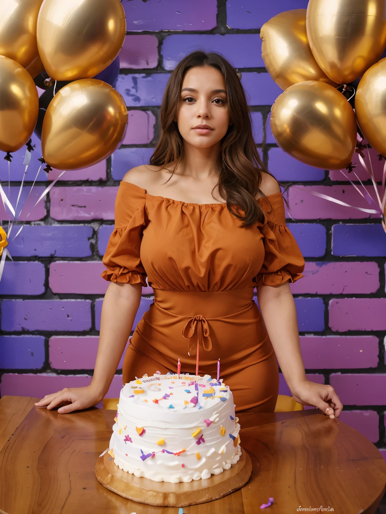 Uma Mulher linda, birthday, background with balloons, bolo de birthday, extremamente realista, usando vestido laranja, bunda grande, pernas grossas, fitness