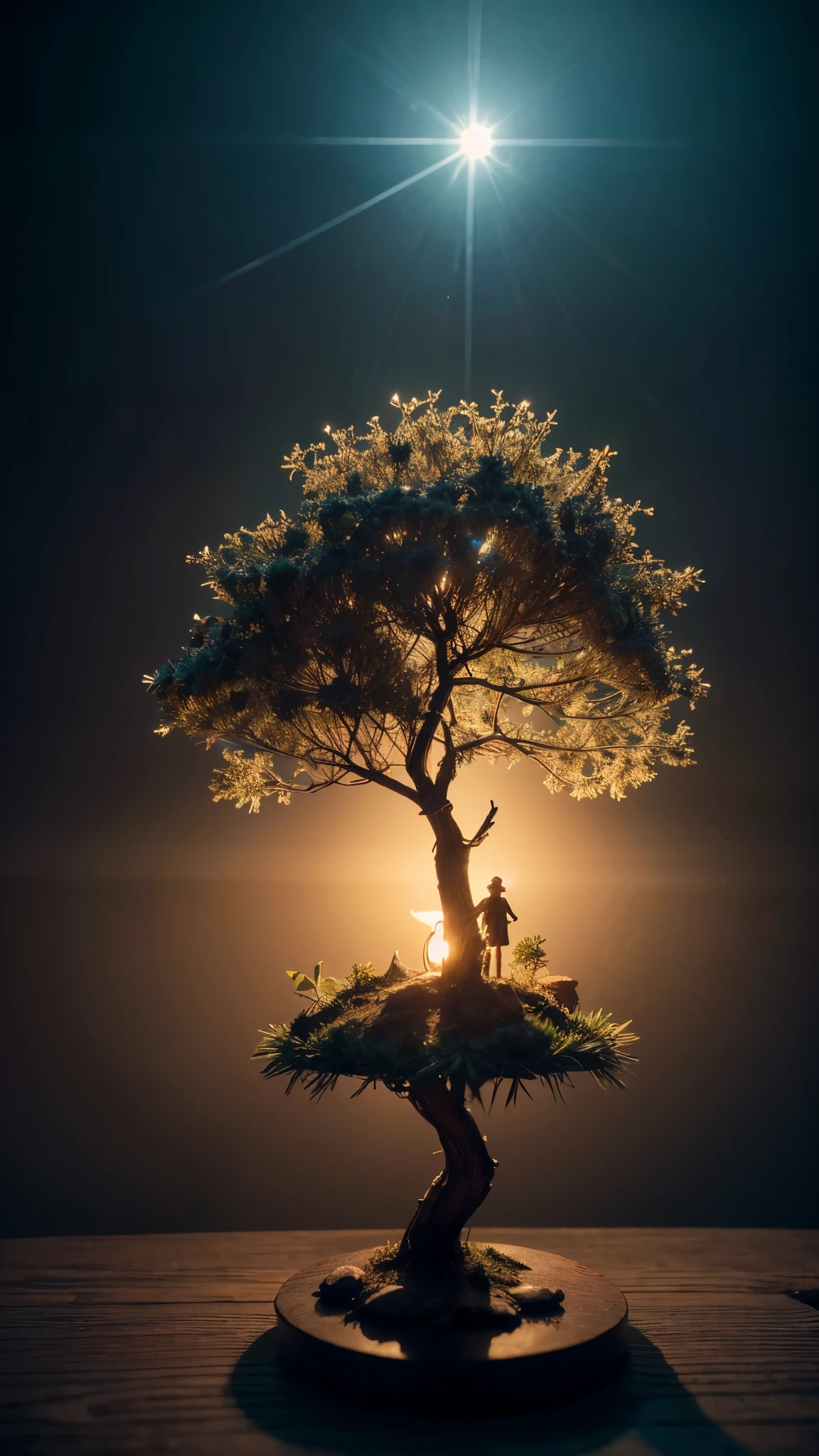 Magic tree miniature scene, with delicate branches and illuminated fruits, Illuminated by candle-miniatures, isometric style, Ultra-realistic. The highest resolution captures every detail of the tree. Atmospheric light refraction，Photo by Lee Jeffries，Nikon D850 Film Stock Photo 4 Kodak Portra 400 Camera F1.6 shots，rich colours，hyper realistic lifelike texture，dramatic lighting，unreal engine trending on artstation cinestill 800