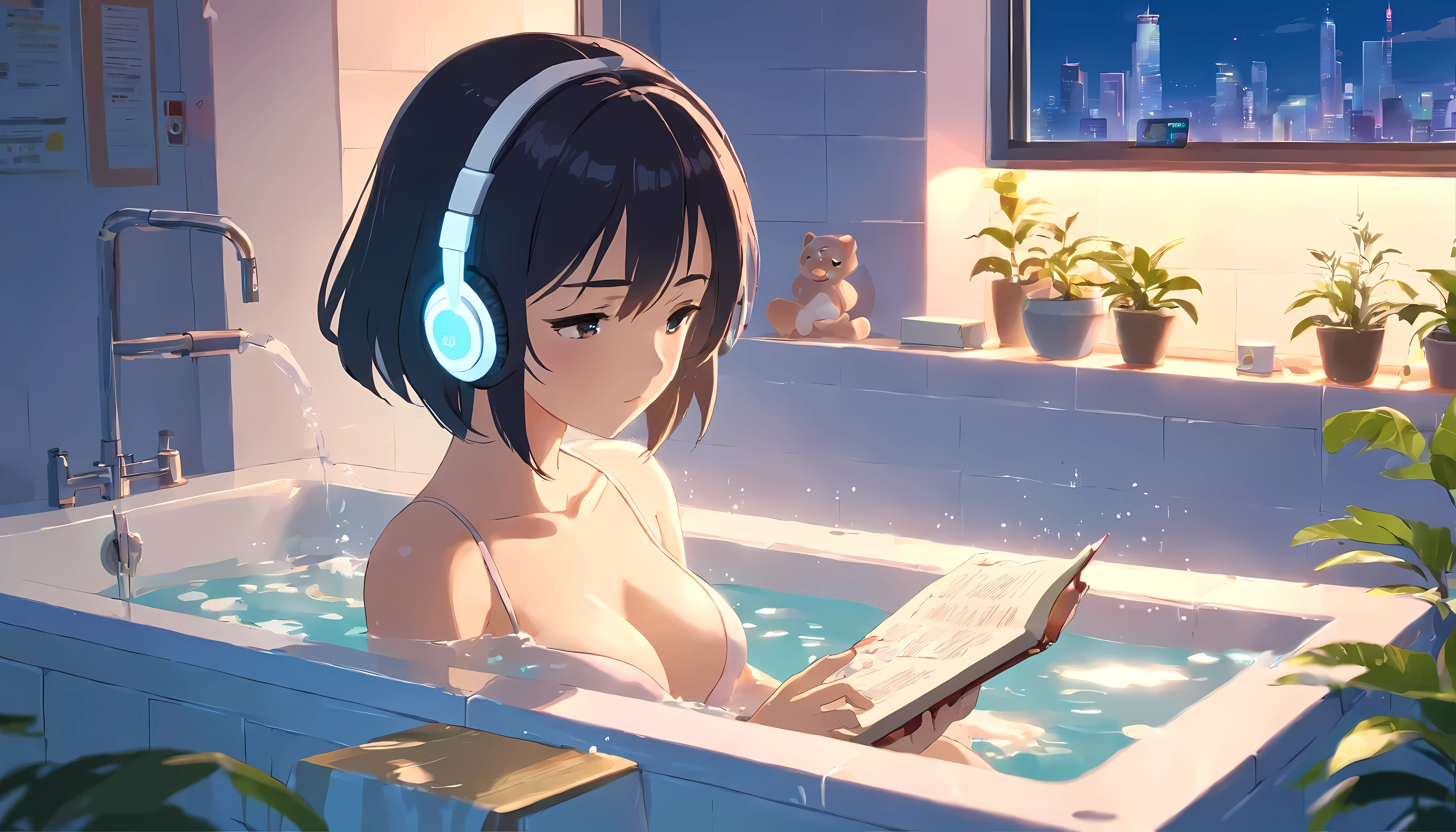 anime girl wearing White headphoness, wearing a competitive swimsuit, athlete swimwear, reading a book, black hair, 29-year-old, take a bath, in the bathroom, exposed cleavage, Big breasts H cup, emphasize cleavage, Emphasize heavily, expose one&#39;s skin, lofi girl anime atmosphere, Lofiatostyle, anime style 4k, anime aesthetics, Nightcore, Lo-fi feeling, Lofiato, anime art wallpaper 4k, anime wallpaper 4k, Lo-fi atmosphere, plants in the room, City view, sunrise, White headphones, she is reading a book in the bath, Heavenly music that fills the air, A single thick candle is lit, Night city lights illuminate the bathroom, anime style, cinematic lighting, Sony FE manager, first person perspective, masterpiece, highest quality, 4k