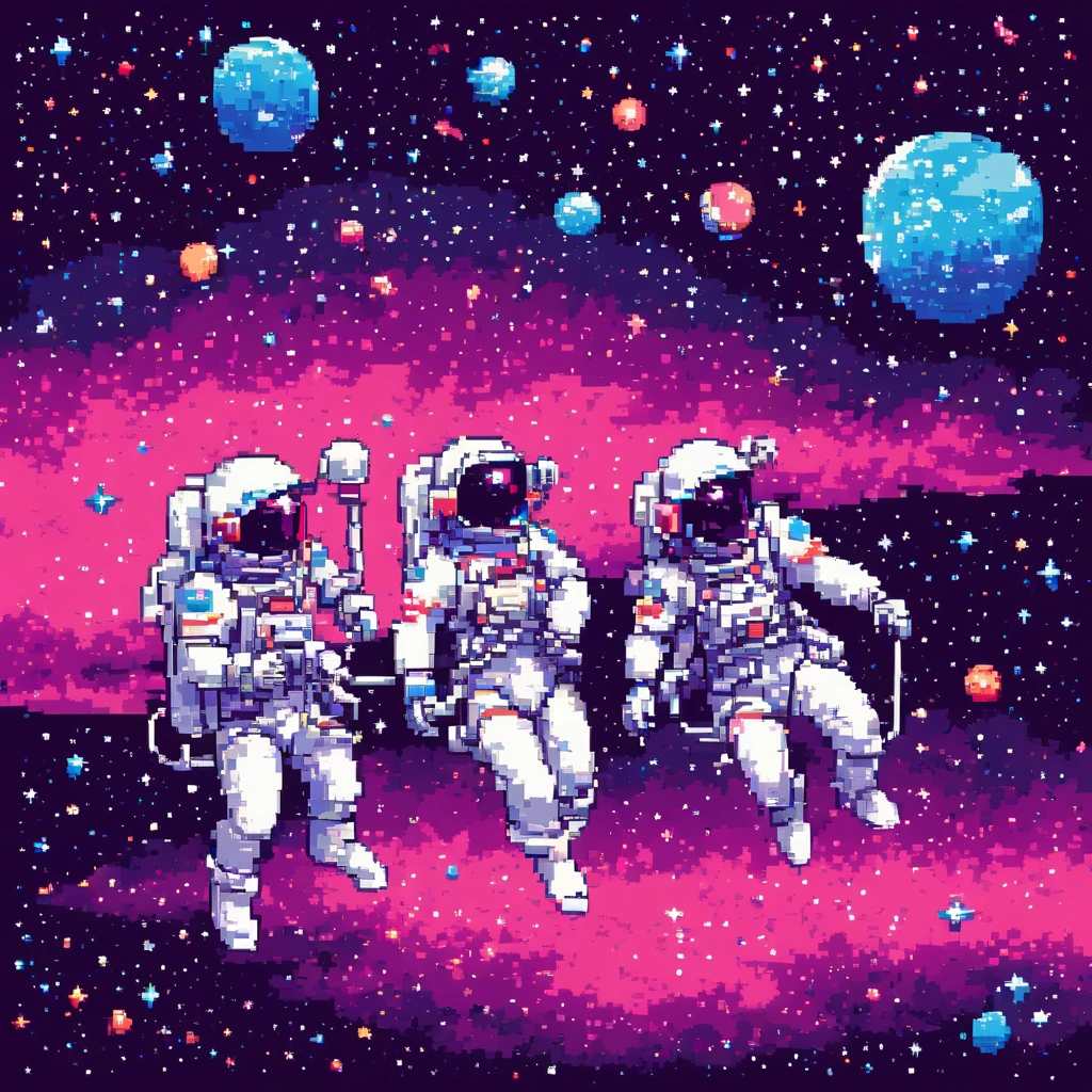 Pixel Art, Pixelated 1980s-style astronauts float above Earth in vibrant neon space with distant stars, detailed helmets, and white suits with red and blue accents, waving at each other. HD 2D Pixel Art :: Pixel style :: Pixels