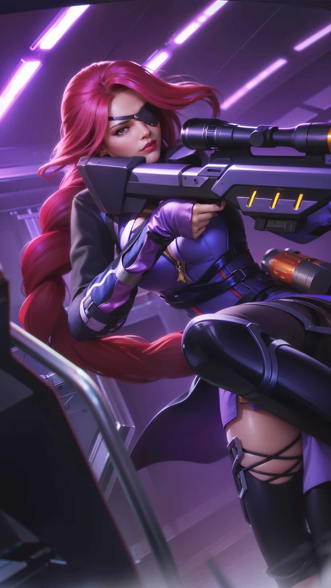 a close up of a woman with a gun in her hand, red long hair, red lips glossy, 8k, ultra hd, ultra detailed texture, hyper realistic, masterpiece, detailed texture, detailed face, detailed skin, detailed lighting, (photorealistic:1.5), best quality, beautiful lighting, cinematic lighting, professional lighting, ultra highres, realistic, detailed hair, real hair, high quality, (realskin:1.5), extremely detailed, finely detail, ultra-detailed, braids, eye patch, left eyepatch,