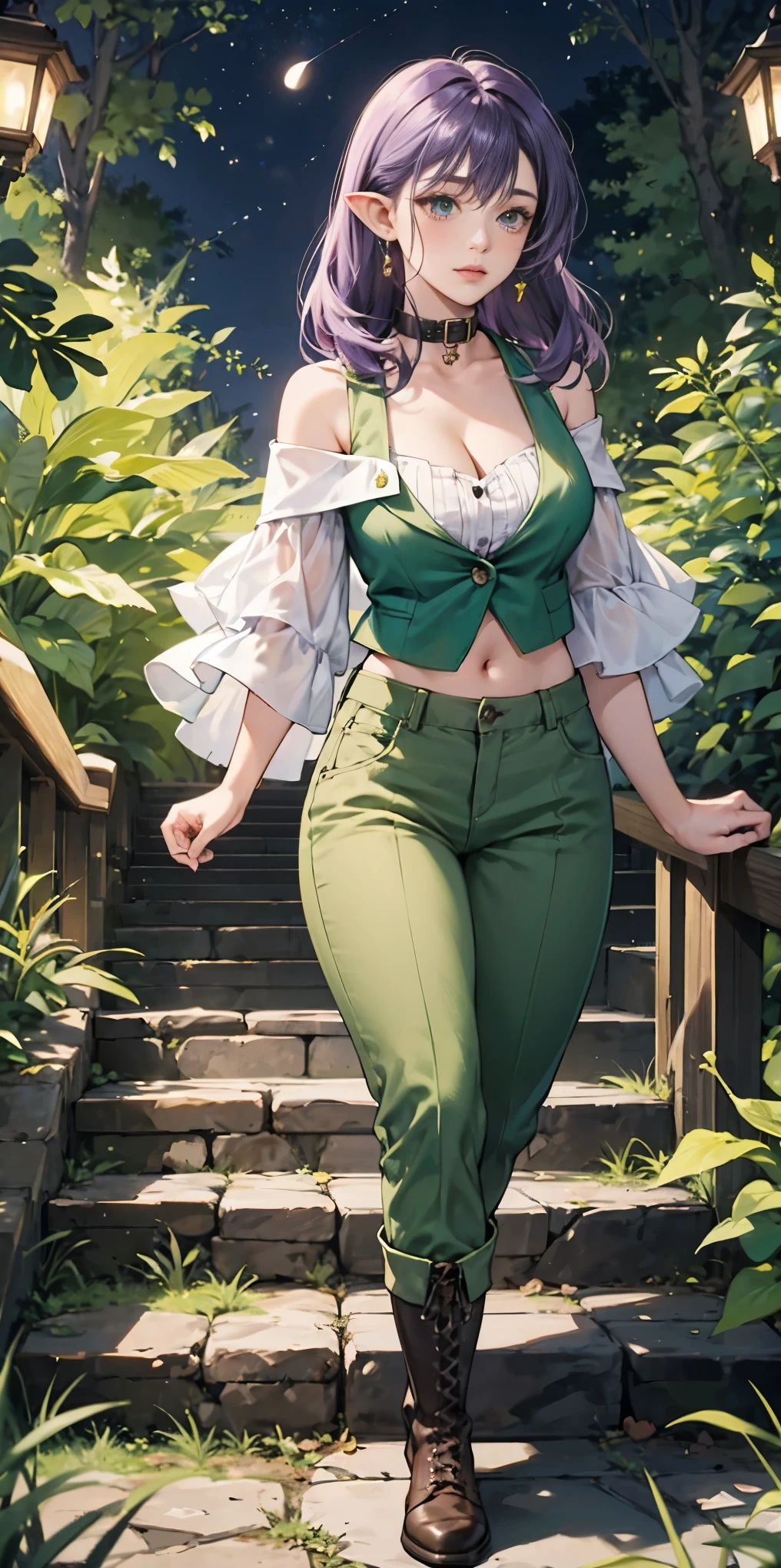 masterpiece, best quality, purplehair, pointy ears, female dwarf, collar, off-shoulder shirt, cleavage, green vest, green pants, large breasts, walking, stairs, forest, night sky, boots