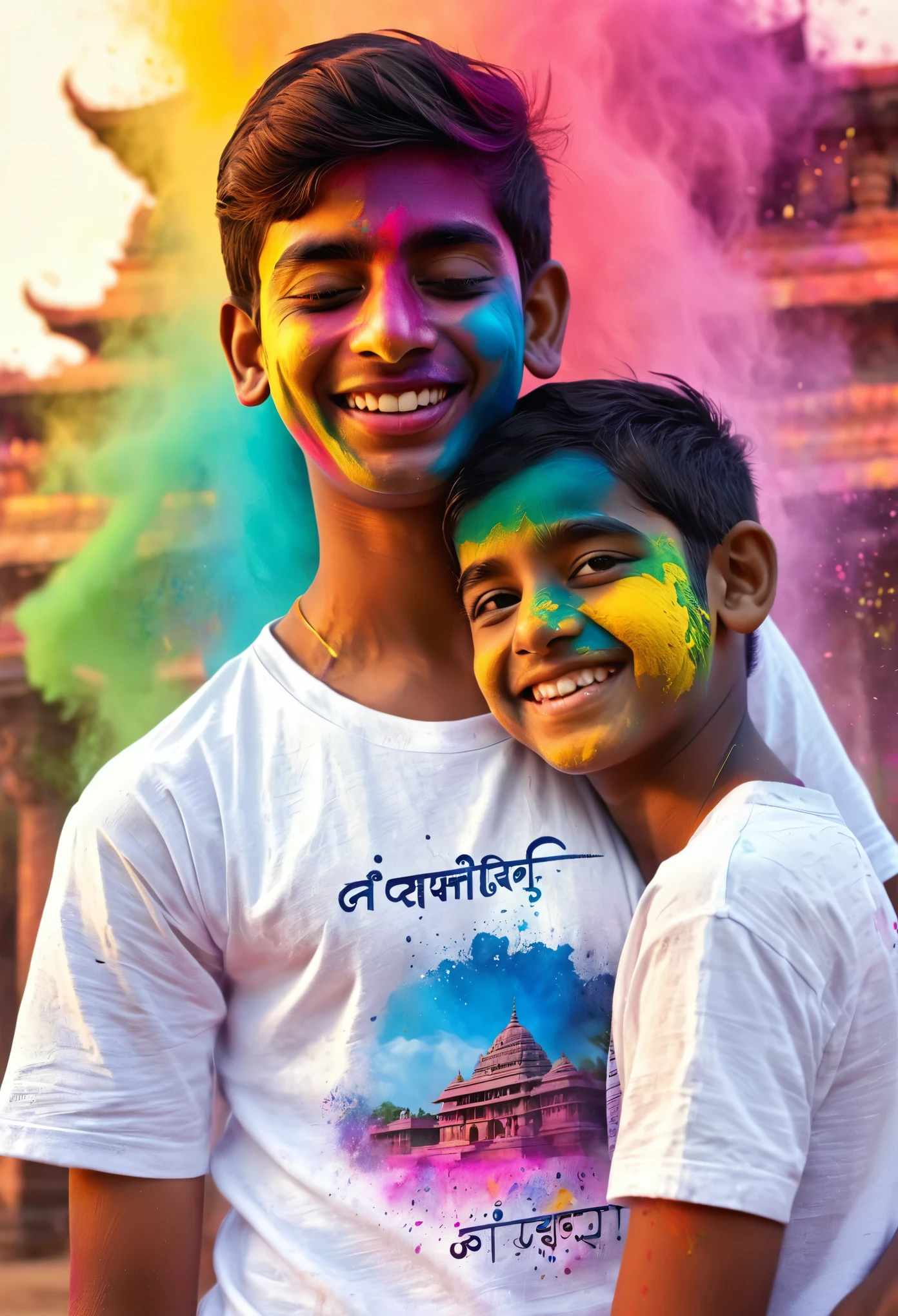 photoCreate a high quality realistic image, lord krishnaand a teenage boy are playing holi with eachother, boy is wearing coloured white t-shirt onwhich his name "AMAR" is written boldly ontop, both are smiling ,environment is colorful, background is of temple, image should ultraclear, hyper realistic,4k (AllTooEasy:1)
