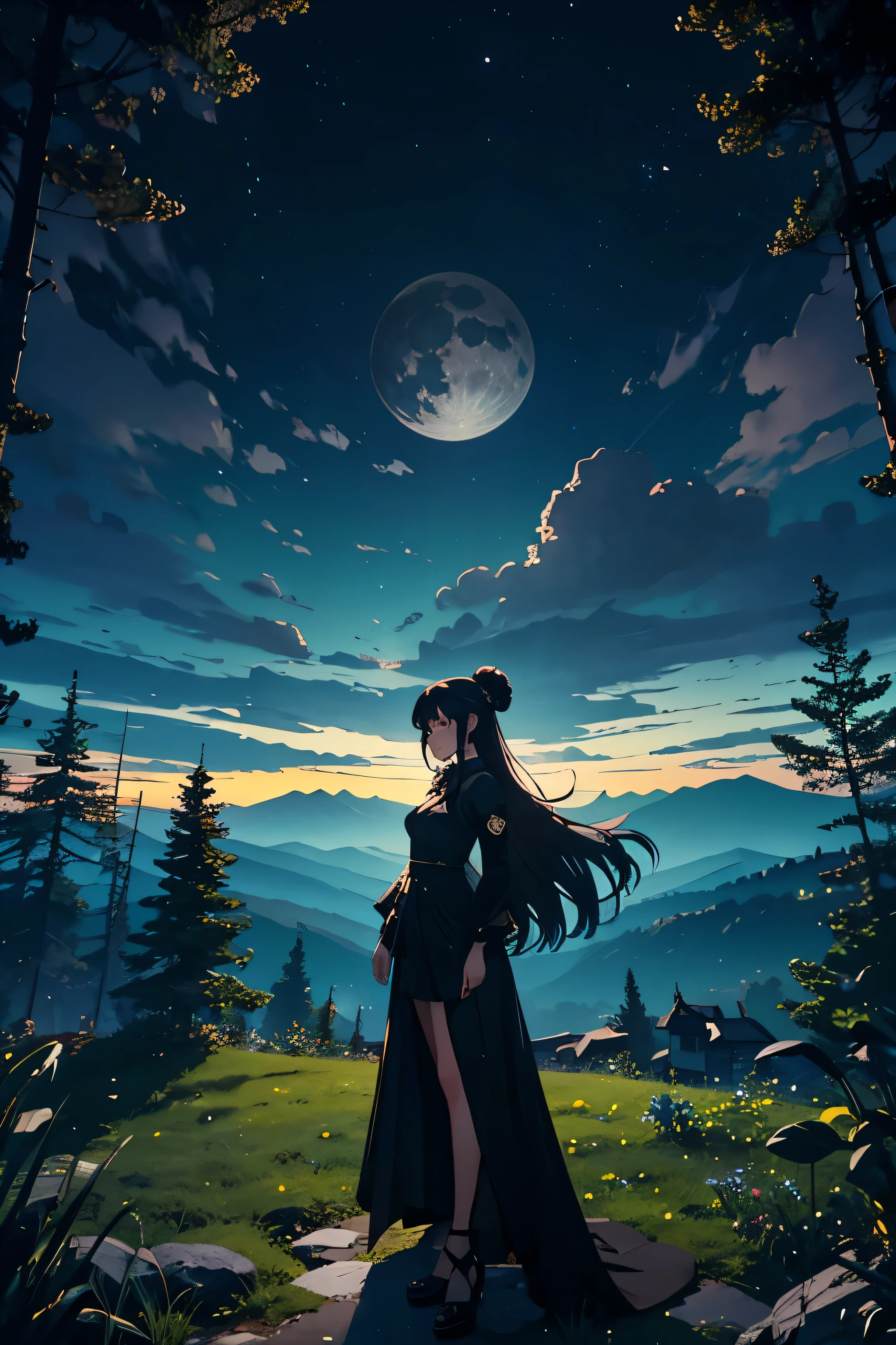 Digital painting of an anime girl, attired in an elegant black dress, stationed at the edge of a towering mountain, casting an alluring gaze into the lunar sphere radiating a radiant hue of blue light across the anime landscape, her silhouette encompassed by the wild verdant grassland peppered with colourful flora, an ancient, grand tree standing guard behind her, a dense forest sprawling into the endless horizon