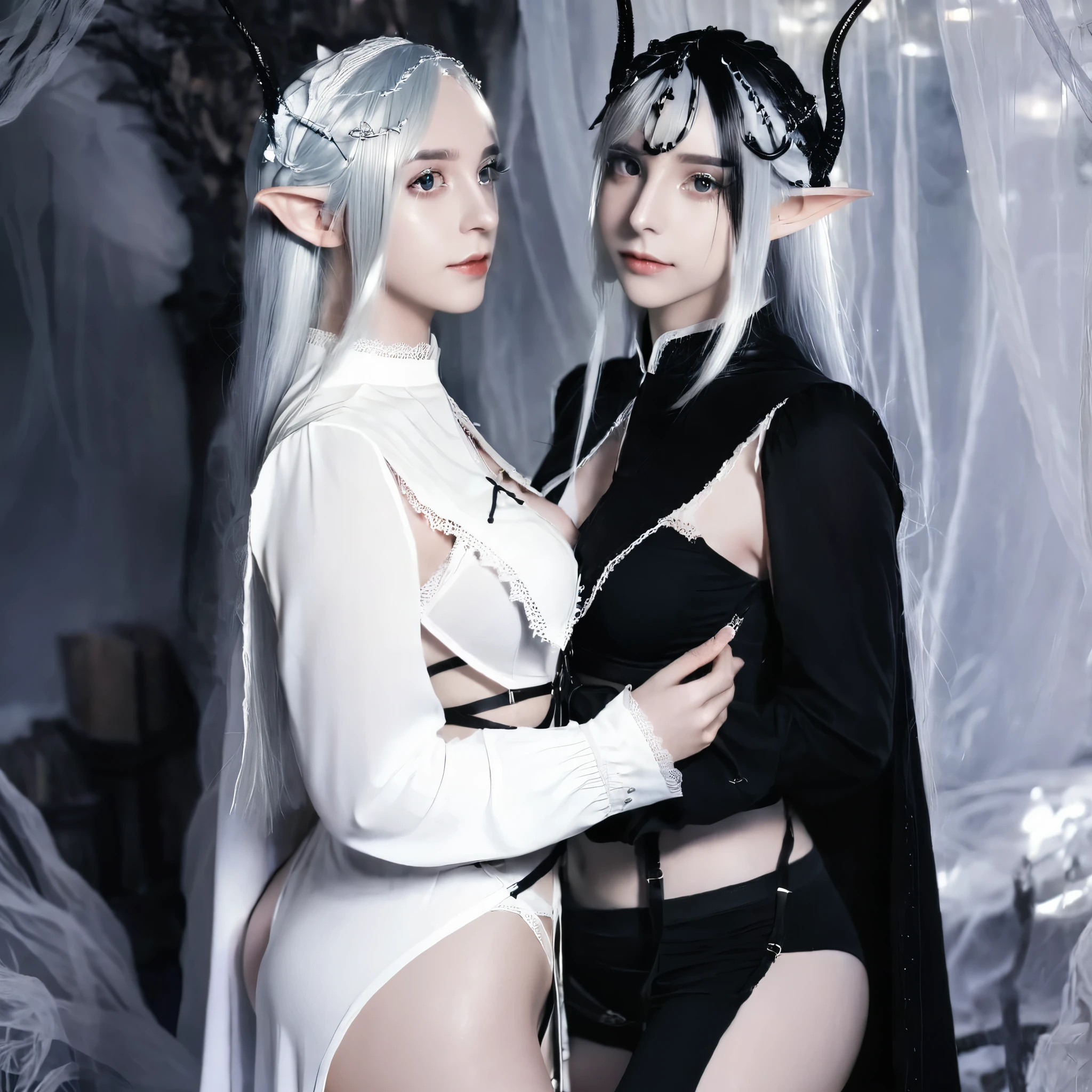 2girl ,black clothes,white clothes, dark elf