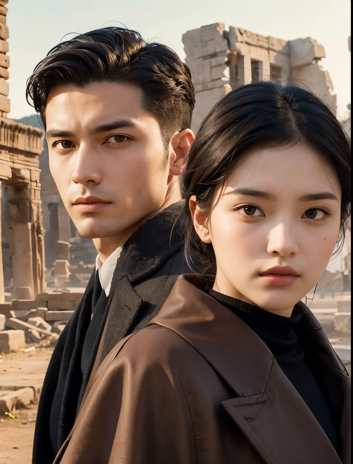 A handsome man and a beautiful woman. Late twenties. He is looking at the camera with a serious expression. The man has short black hair. The woman has dark brown hair. Both are wearing jackets. The ruins of a super ancient civilization exist in the background of the two of them.