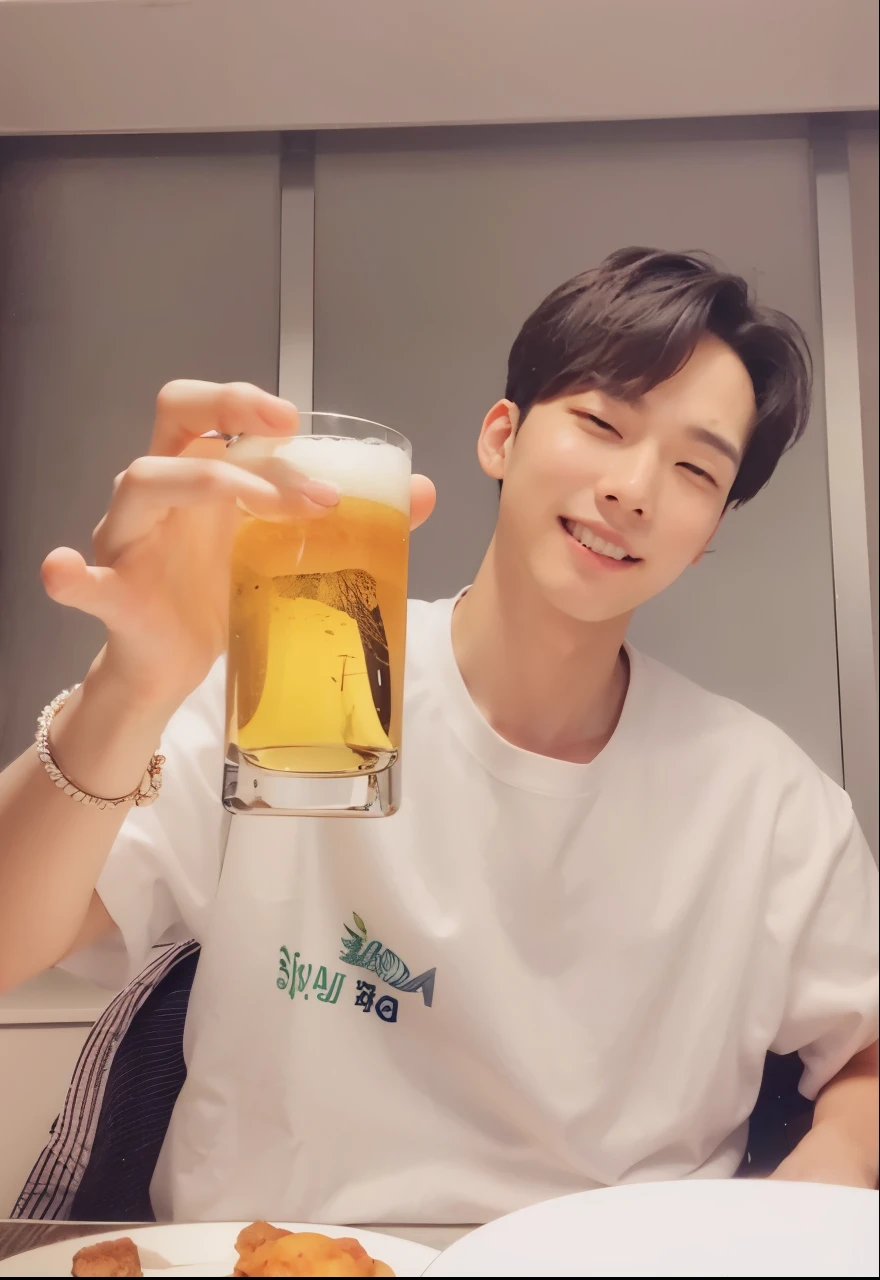 there is a man segurando uma cerveja glass in front of a plate of food, segurando cerveja, segurando uma cerveja!!, cai xukun, Kim Doyoung, segurando uma cerveja, bebendo cerveja, hyung tae, bebendo uma cerveja, com uma bebida, segurando uma lata de cerveja, Yanjun Chengt, Shin Jeongho, taejune kim, health