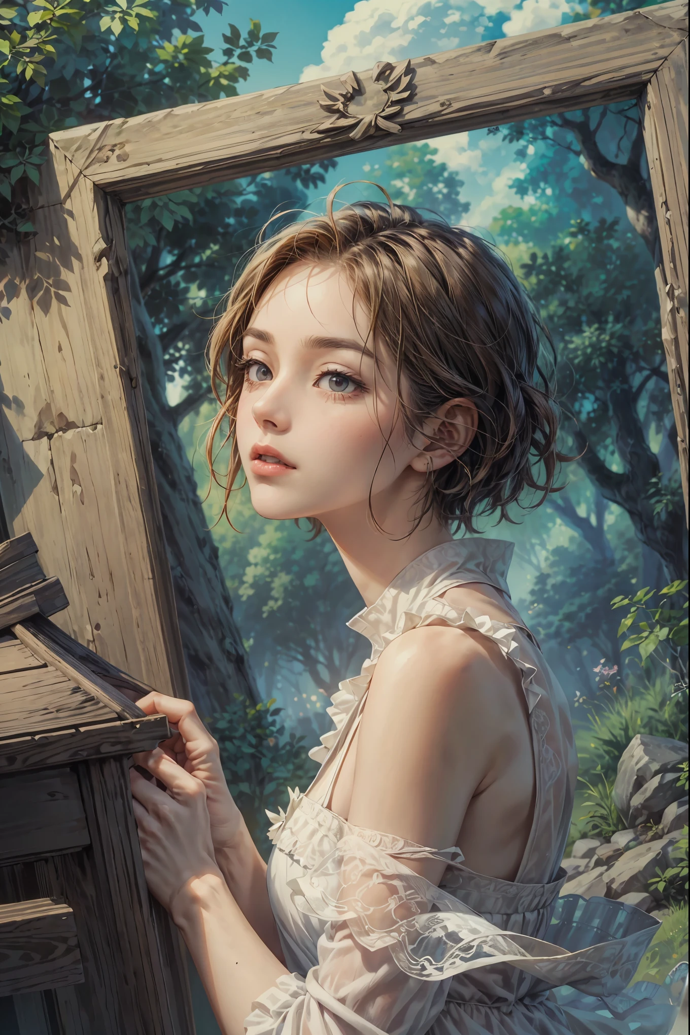 ((Best quality)), ((masterpiece)), (detailed), ((perfect face)), ((face focus)) Amidst a tranquil church, a handsome young korean boy and short hair, resides in a cozy cathedral beside the beach, where he channels his creative energy into capturing the enchanting harmony between church and his inner world beach. As day turns to night, the moonlight envelops his canvas, revealing a breathtaking masterpiece that embodies the essence of his soul's journey and the beauty he discovers within himself."