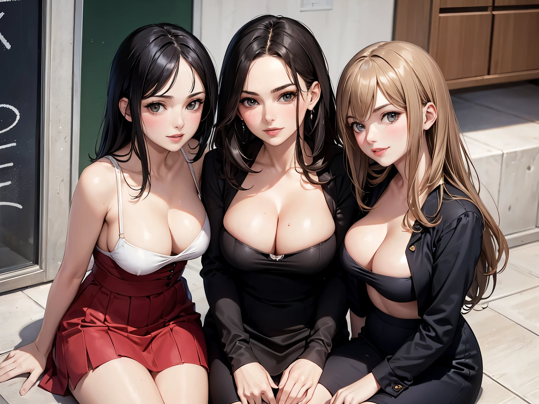 Monica Bellucci, Natalie Portman and Emma Stone, flirtatious smiles, kindergarten teachers outfits, portrait