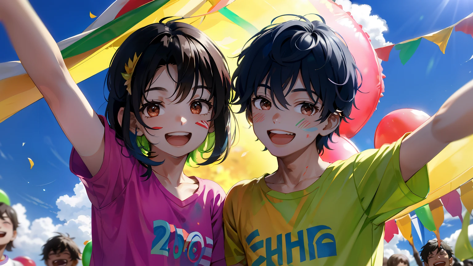 Create a 3D image where a radiantly happy 20-year-old couple is celebrating Holi together, their faces gleaming with joy. The boy, named Harsh, is dressed in a brightly colored T-shirt bearing his name, a wide smile spreading across his lips. His partner, Lily, is equally vibrant in her T-shirt adorned with her name, giggling and joining in the festivities. Above them, the words "Happy Holi" are boldly inscribed in the azure sky. Amidst the lively atmosphere, numerous children can be seen frolicking and playing with water balloons, their laughter echoing through the scene. Each detail is