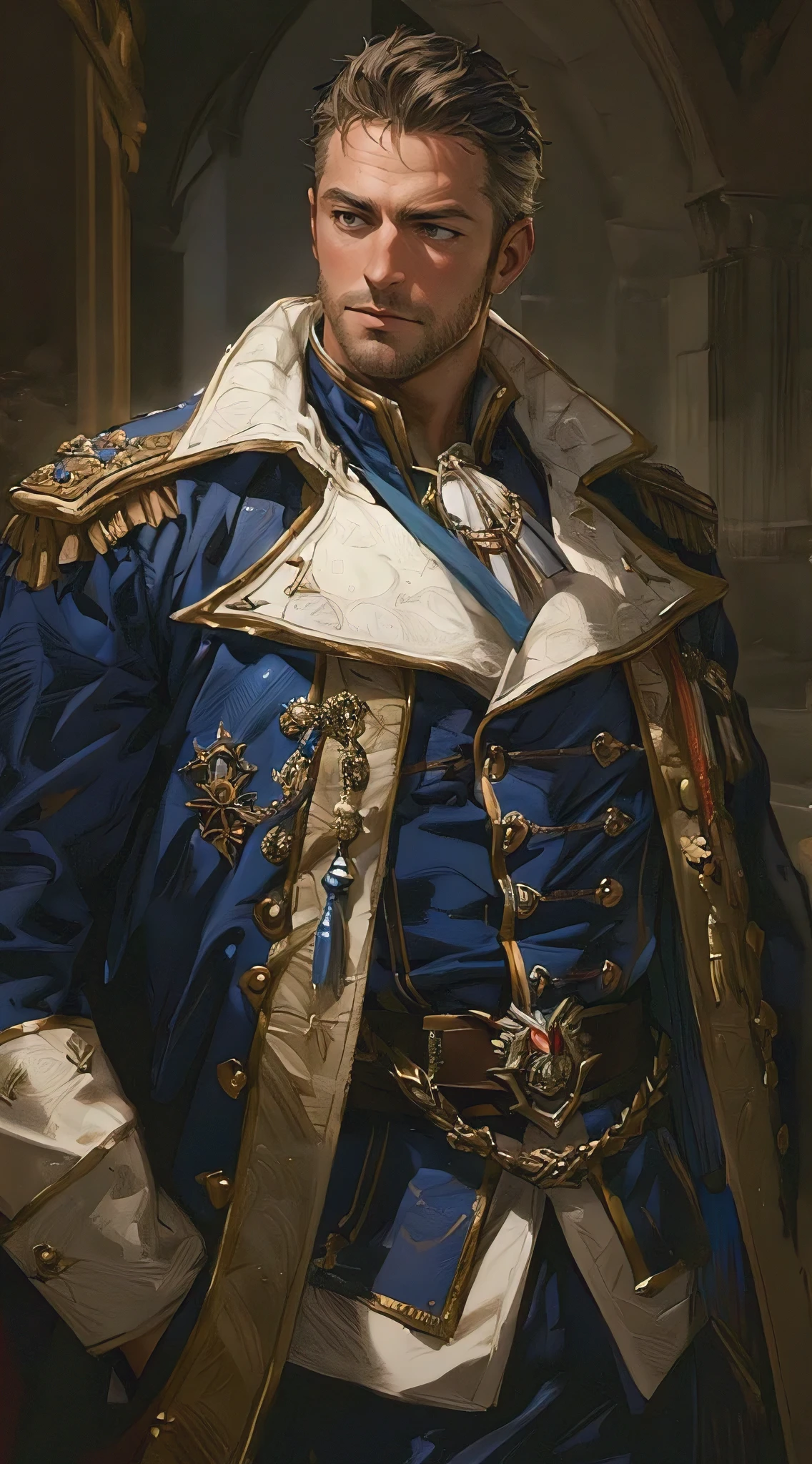 (best quality, masterpiece, ultra-detailed, highres, realistic:1.37), Royal navy captian, blue coat with white, fancy, dungeons and dragons, Dungeons and dragons style illustration