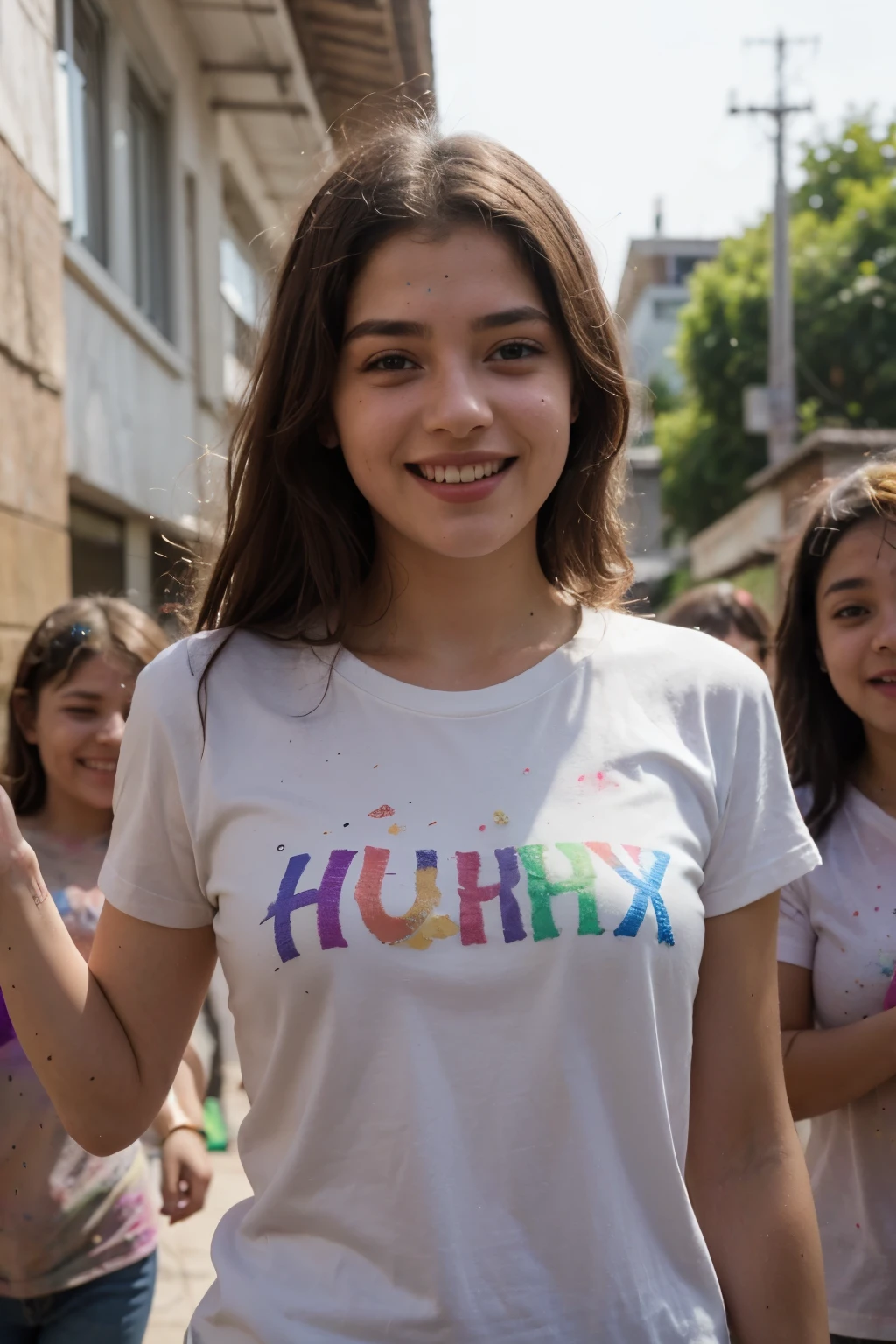 create a 3d image where a 20 year old couple are joyfully playing Holi, with vibrant colors splashed across their clothes. Both are wearing T-shirts with their names written on them, "harsh" on the boy's T-shirt and "lily" on the girl's T-shirt.the words "Happy Holi" are written in bold letters at top sky, In the background many children can be seen joining in the festivities laughing and playing with water balloons, Name must be visible and correct.
