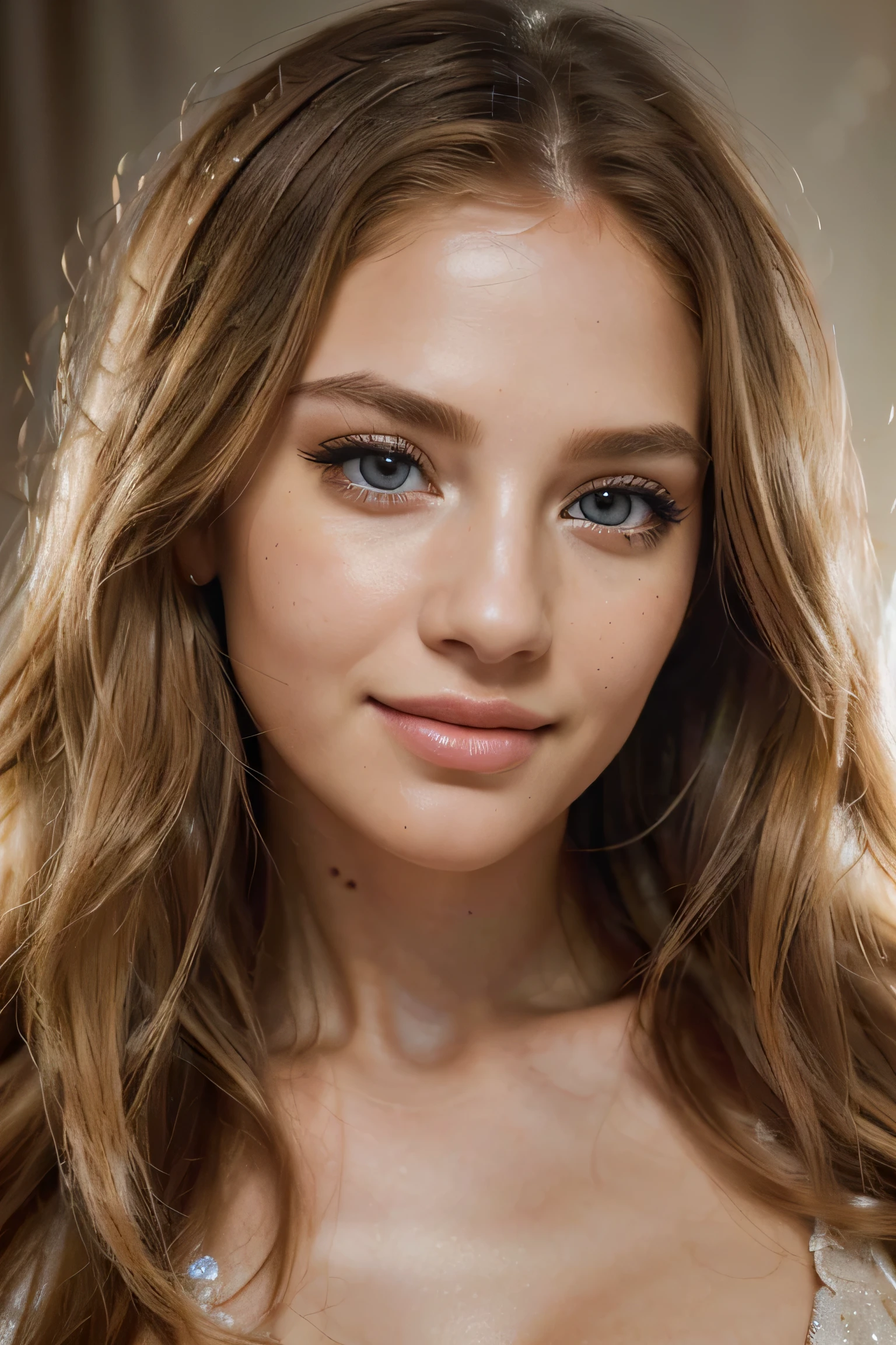 (best quality,4k,8k,highres,masterpiece:1.2), ultra-detailed, realistic, beautiful detailed eyes, beautiful detailed lips, extremely detailed natural eyes and face, longeyelashes, golden hair, innocent look, smile to camera, professional, vivid colors, sharp focus, physically-based rendering, portraits, studio lighting, warm color tones, soft lighting