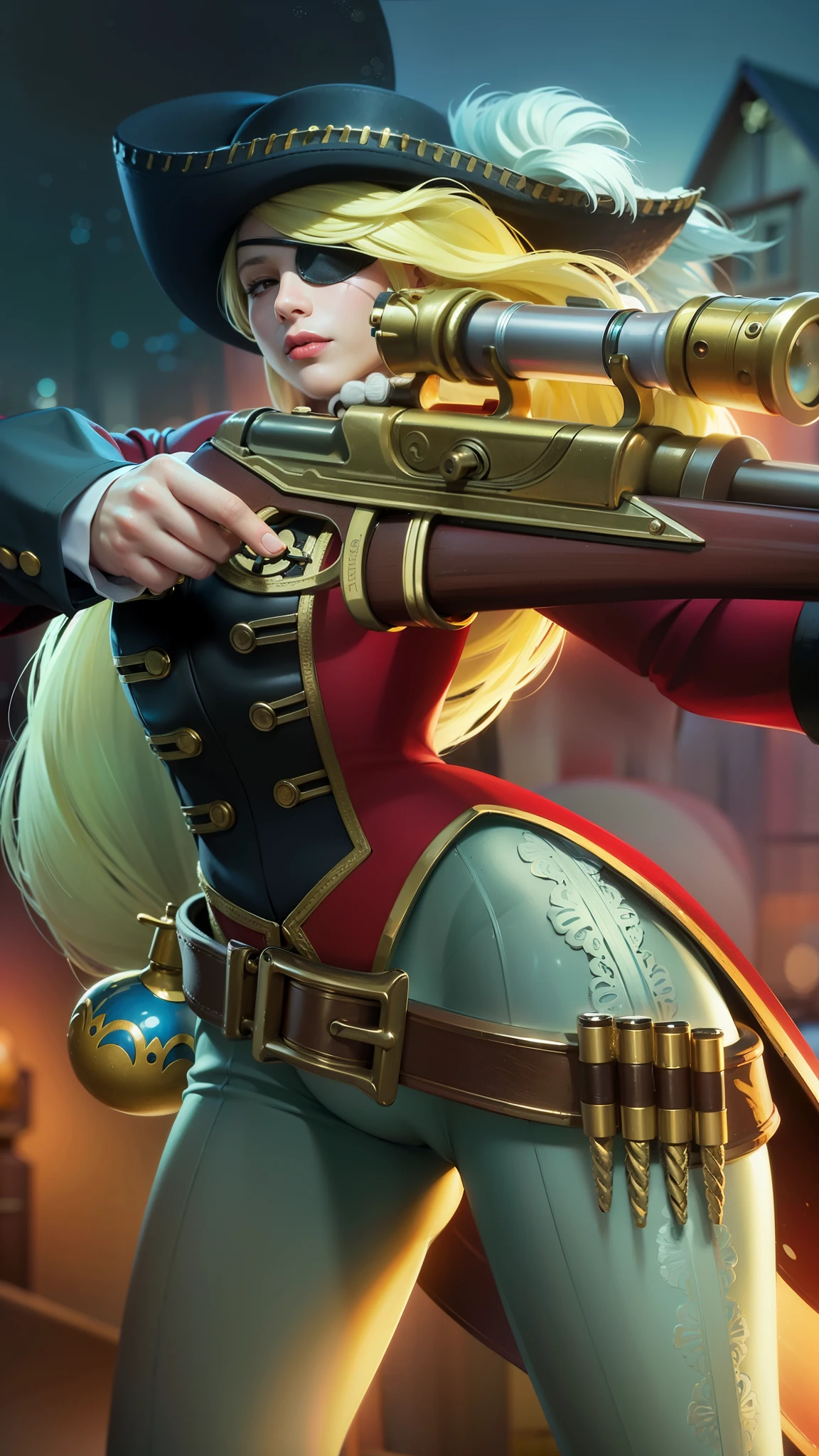 a close up of a woman with a gun in her hand, blonde long hair, red lips glossy, 8k, ultra hd, ultra detailed texture, hyper realistic, masterpiece, detailed texture, detailed face, detailed skin, detailed lighting, (photorealistic:1.5), best quality, beautiful lighting, cinematic lighting, professional lighting, ultra highres, realistic, detailed hair, real hair, high quality, (realskin:1.5), extremely detailed, finely detail, ultra-detailed, braids, eye patch, left eyepatch,