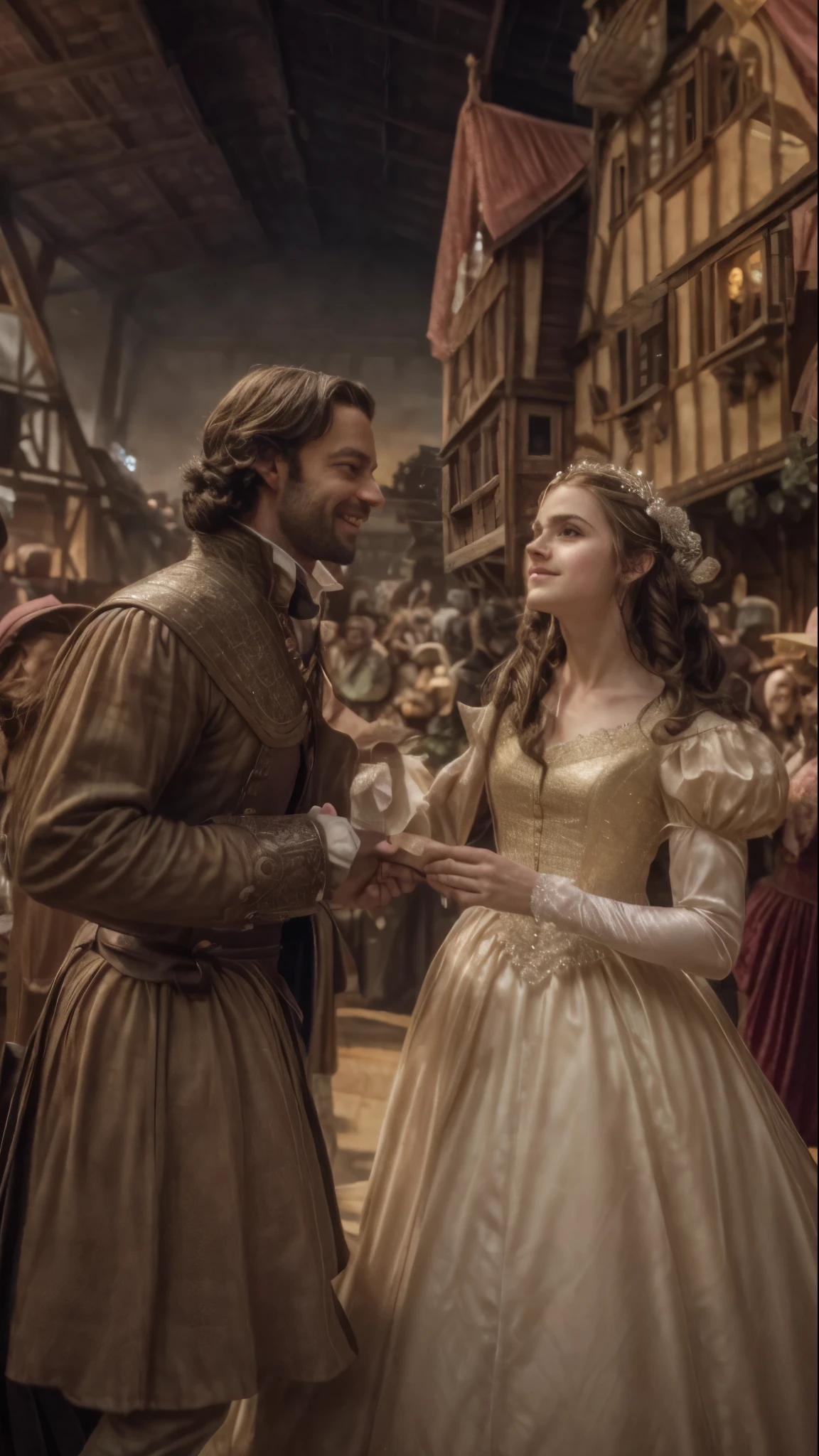 arafed image of a man and woman in a dress dancing in front of a crowd, wearing elegant tudor clothes, a still of a happy, scene from the film, swashbuckling and romantic, beautiful scene, october, scene from live action movie, movie still of emma watson, romance fantasy movie, still image from the movie, wearing a tudor style dress