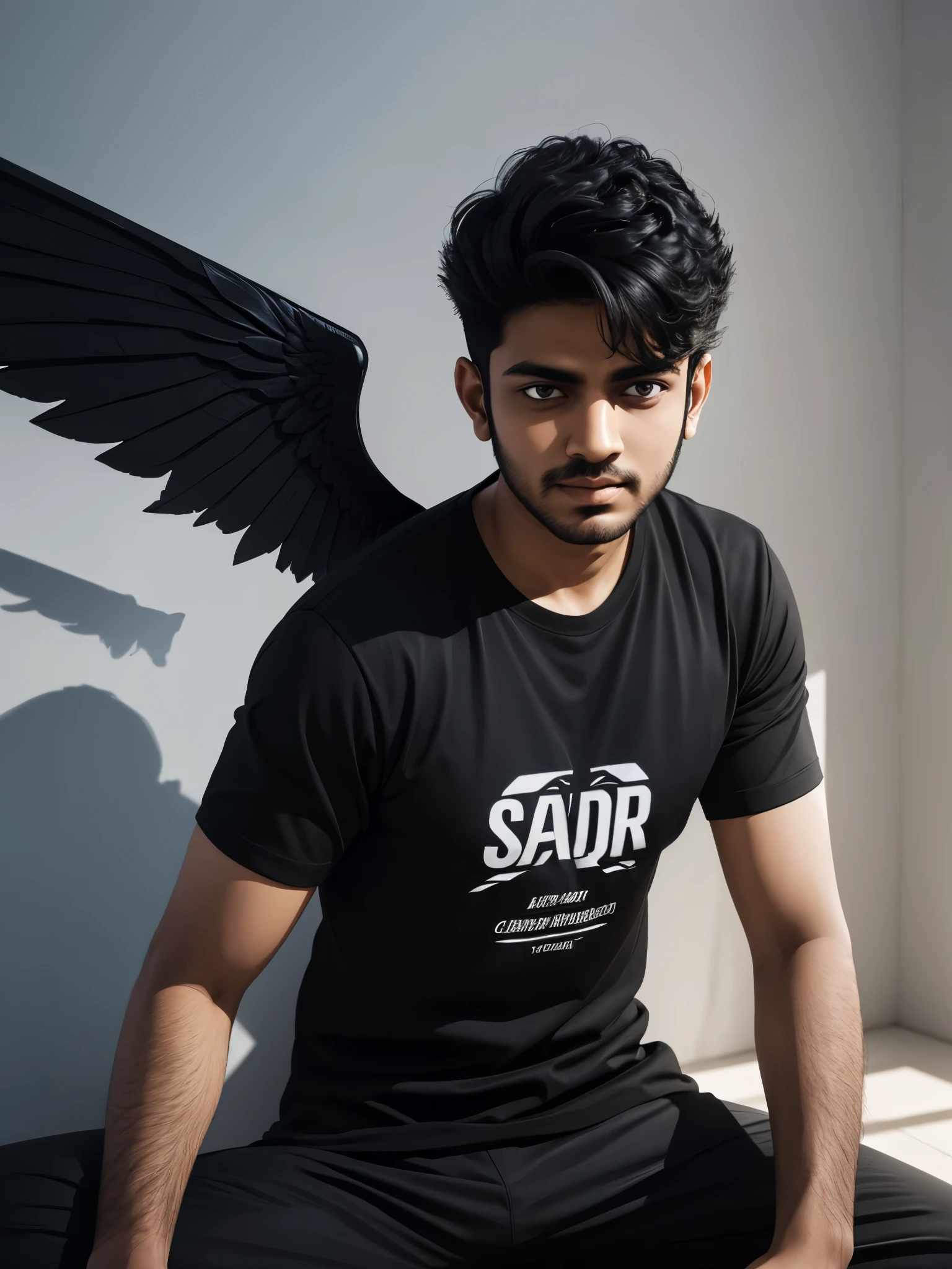 Create 3d illustration picture black shirt sits casually on a wing background features samarth in big and capital white fonts on the back wall there should not be hi shadow and there wings to make it appear if he is an angle