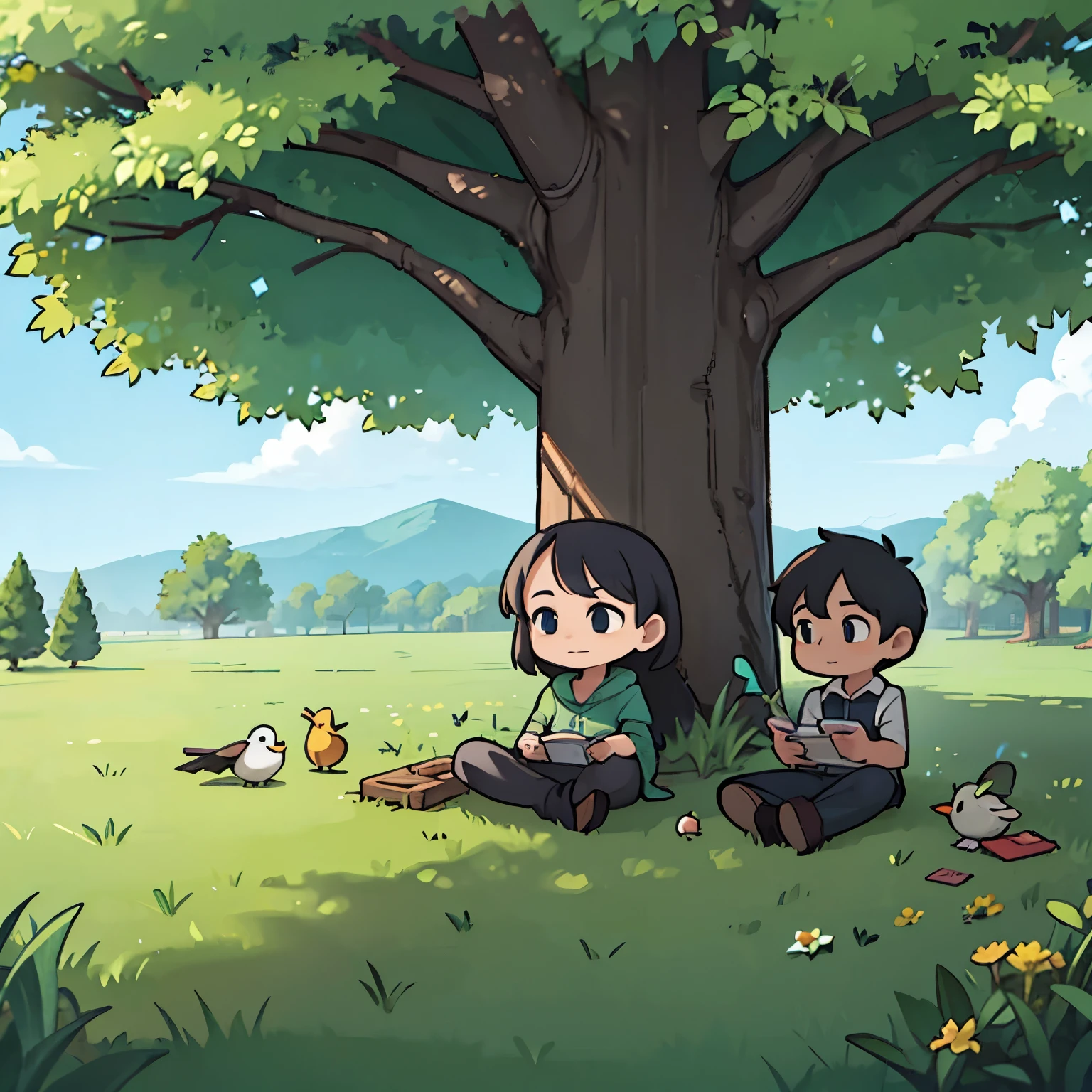 A empty lot with grass , A huge tree with broad leaves cast its shadow on the ground, a little birds in the sky, cloudy sky, a couple sitting on the ground and flying kite