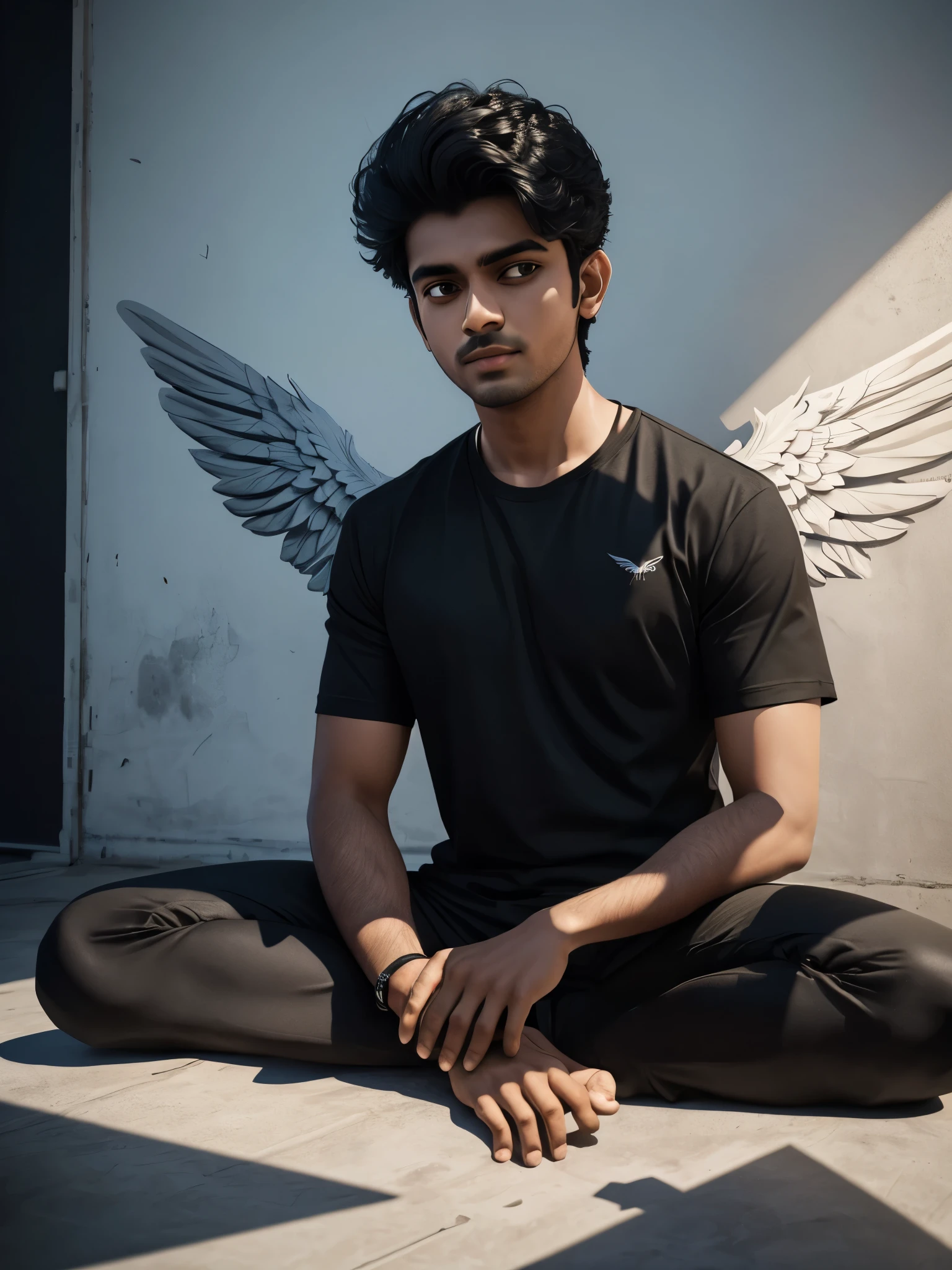 Create 3d illustration picture black shirt sits casually on a wing background features samarth in big and capital white fonts on the back wall there should not be hi shadow and there wings to make it appear if he is an angle
