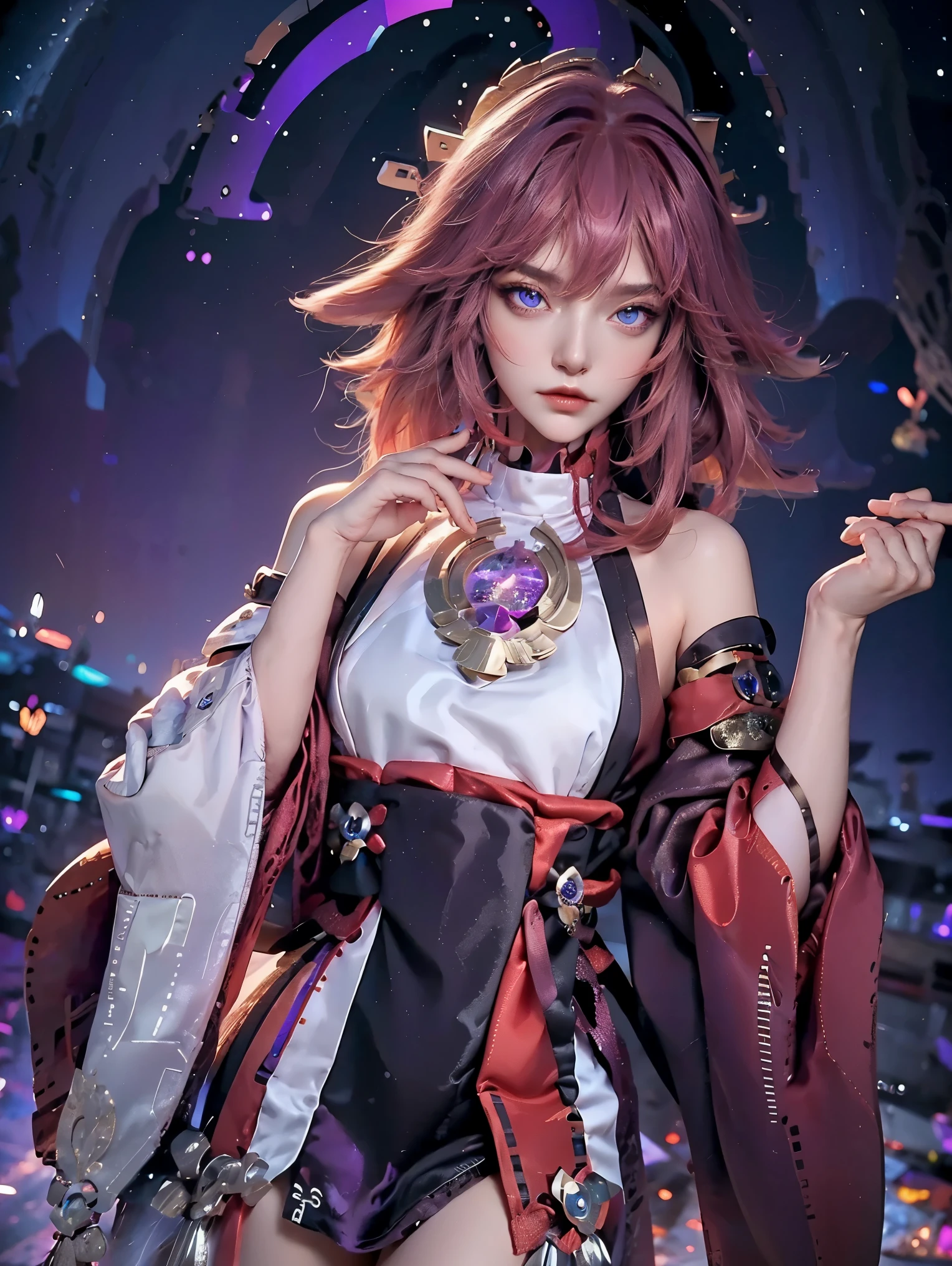 masterpiece, best quality, ultra-detailed, illustration, , , 1girl,solo, image body, flower, looking at viewer, , , purple eyes, jewel-like eyes, extremely detailed eyes, extremely detailed face,, , star (sky), constellation, purple energy, railing, meteor