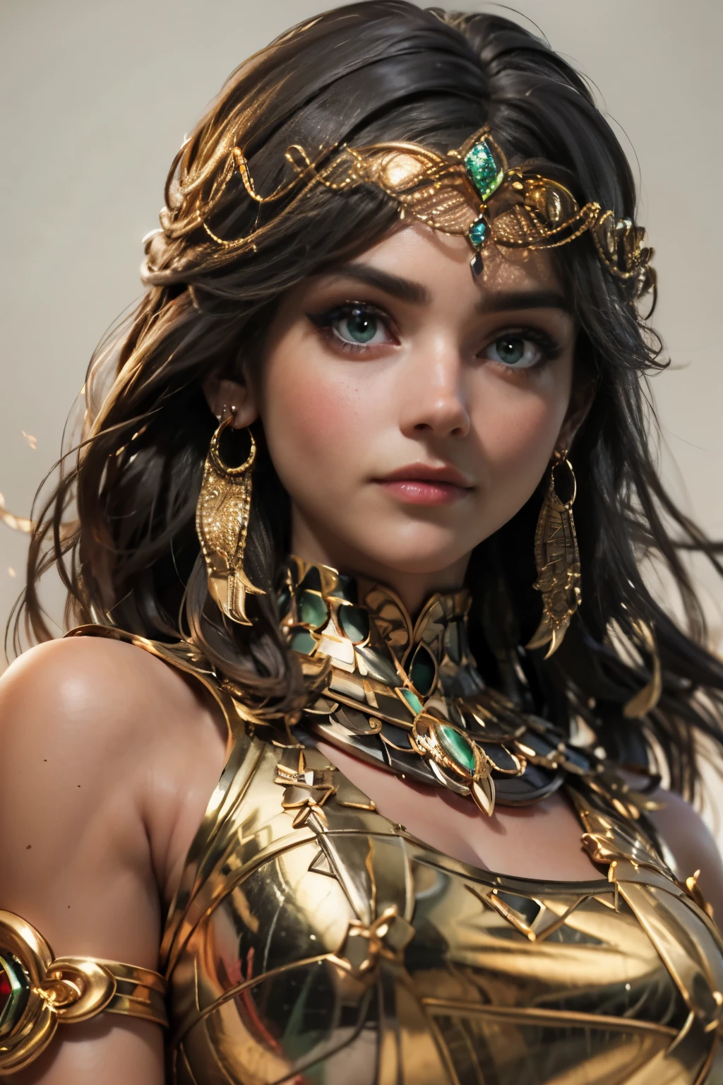 hyper realistic portrait shot of a beautiful egyptian queen, looking down proudly on the camera with her expressive green eyes, tanned skin tone , thin nose , black braided bob hair with golden accessories and jewelries , wearing a white see tough dress