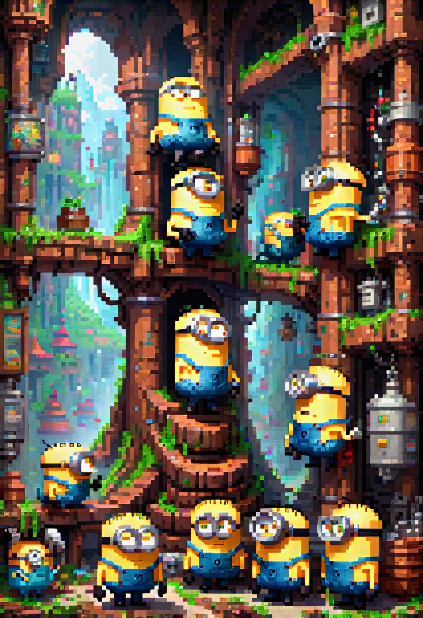pixel art, "Minions", fantasy, (best quality, masterpiece, Representative work, official art, Professional, high details, Ultra intricate detailed:1.3)