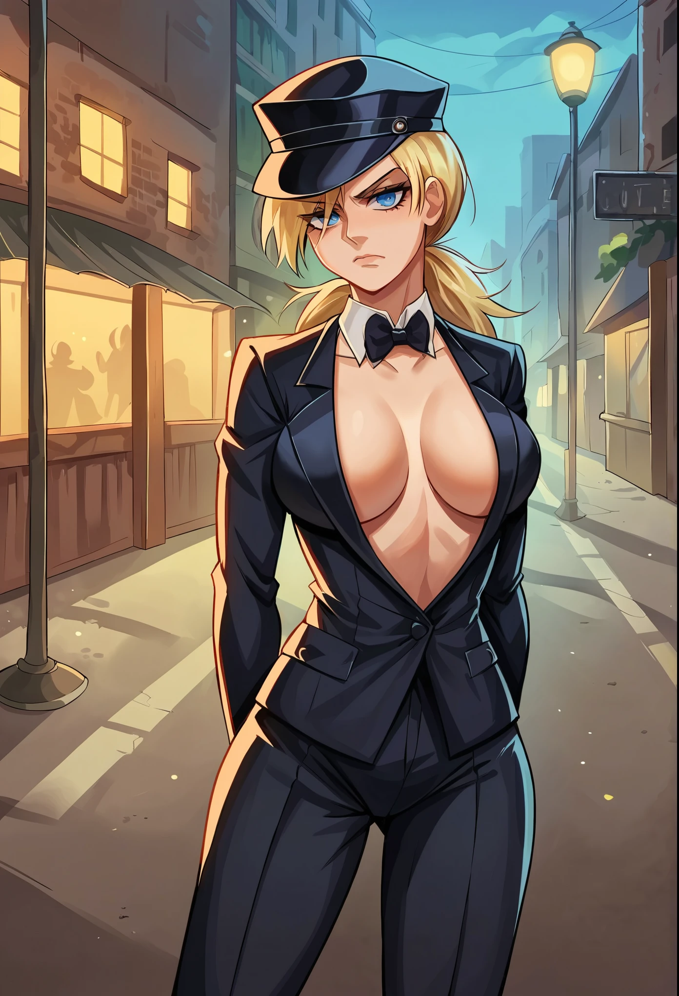 score_9, score_8_up, score_7_up, source_anime, 1girl, solo, boob window, detective duit, detective clothing, crime scene, murder scene, crime scene background, tuxedo suit, beige detective suit, no bra, big tits, standing,   hellsing, seras victoria, front view, looking at viewer, suspicious gaze, arms behind back, blue Eyes, thoughtful, thinking, shady alley, shady alleyway background, night time, litter, street, dark street 