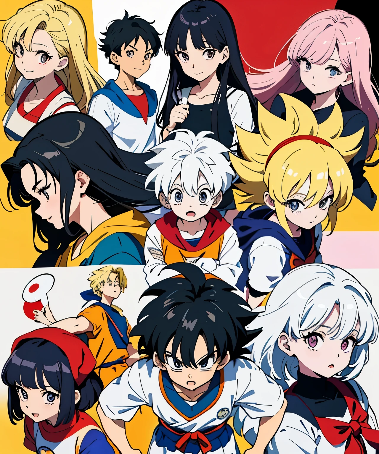 (Collage de personajes de anime en obra maestra., Mejor calidad), (ultra detallado, Anime resolution:1.2), con personajes de dragon ball, Super campeones, Inuyasha, Naruto, etc.